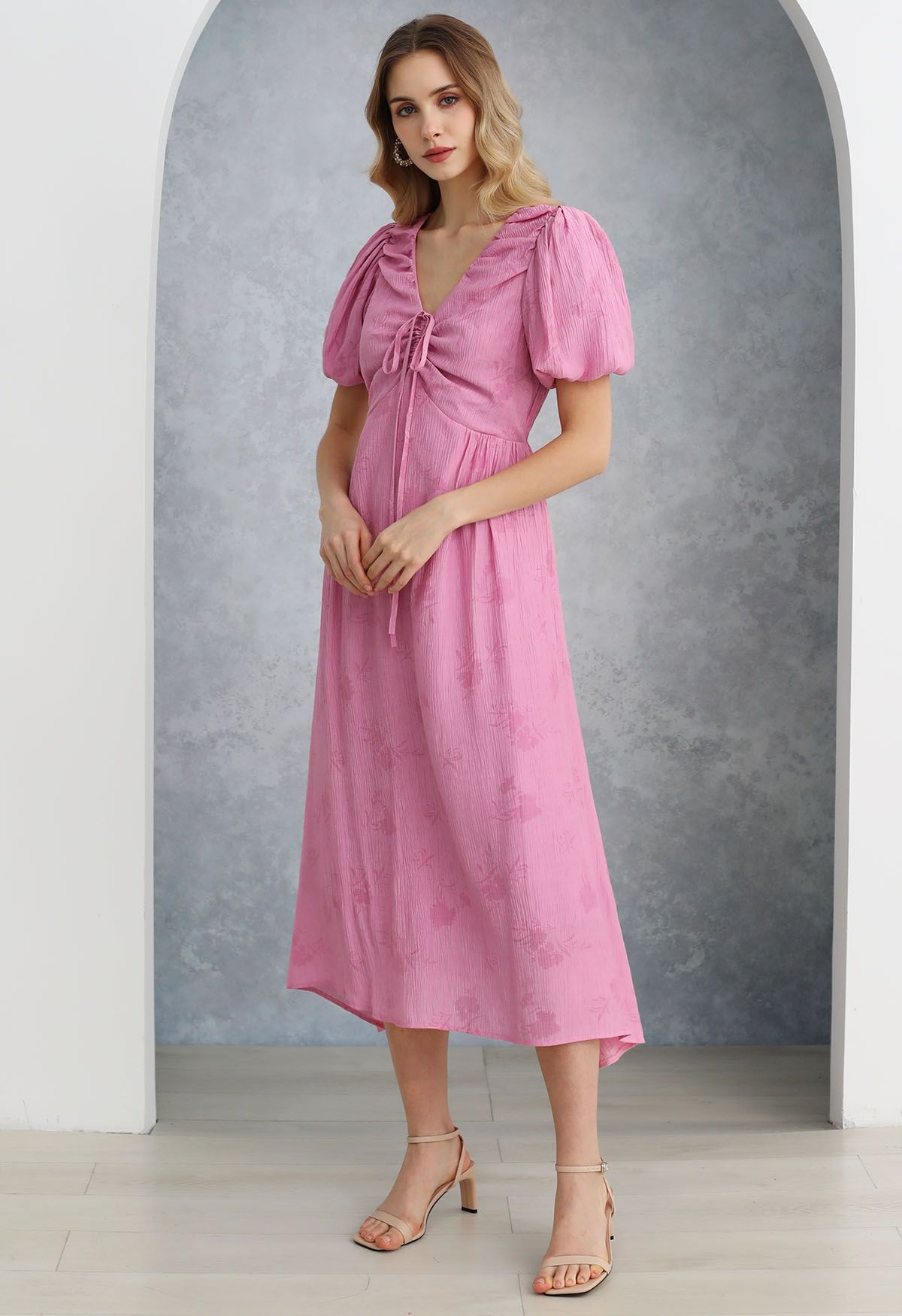 Subtle Floral Texture Drawstring V-Neck Midi Dress in Pink