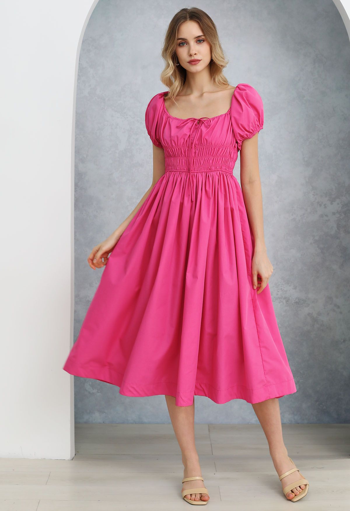 Square Neck Bubble Sleeve Shirred Midi Dress in Hot Pink