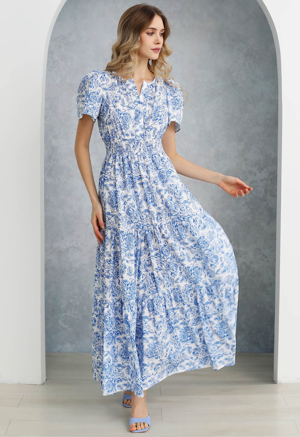 Ebullient Blue Flower Printed Maxi Dress