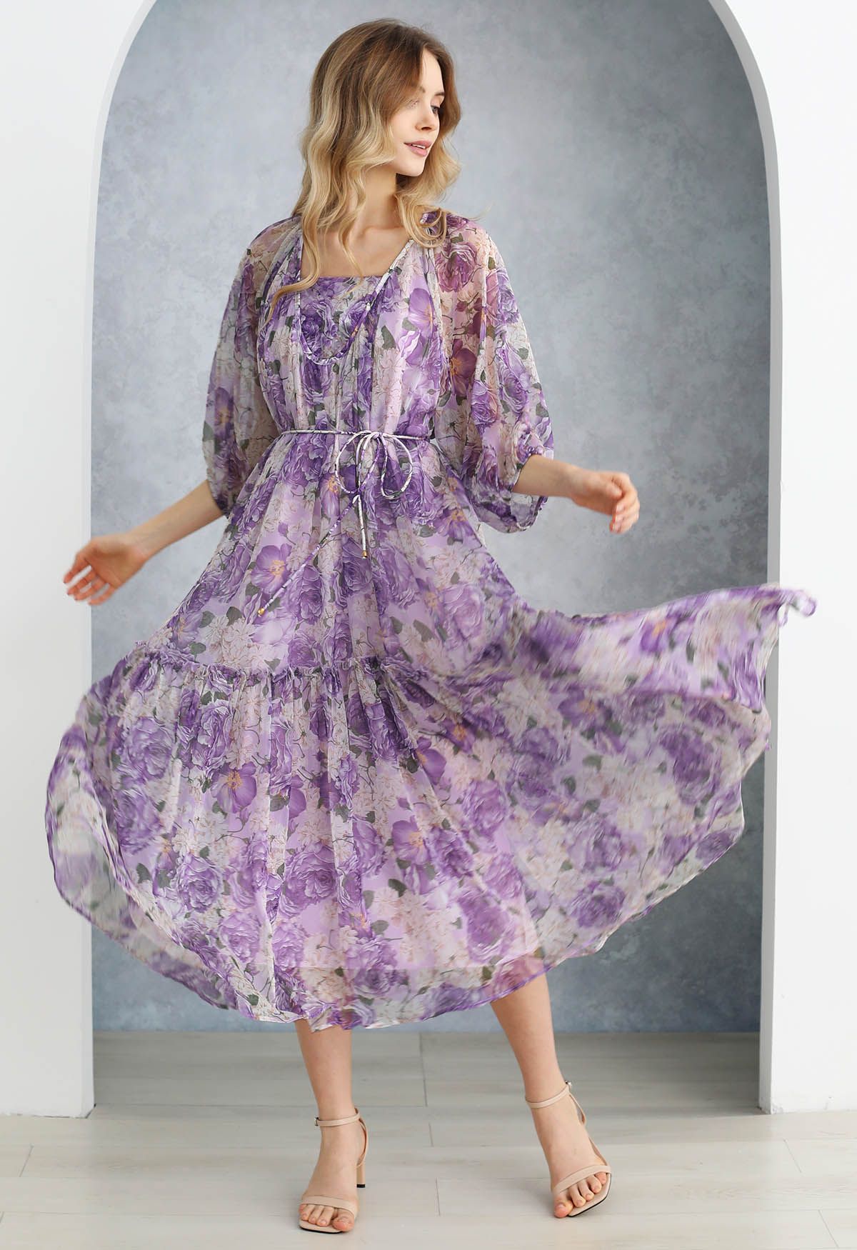 Gauzy Floral Print Bubble Sleeve Dolly Dress in Purple