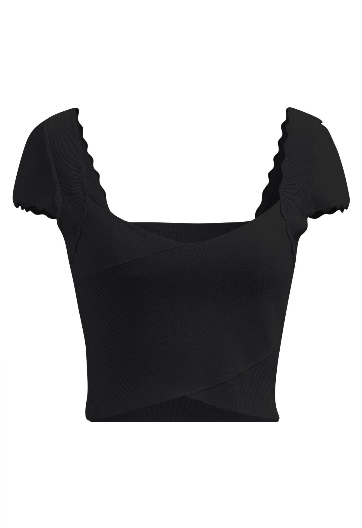 Scalloped Shoulder Knit Crop Top in Black