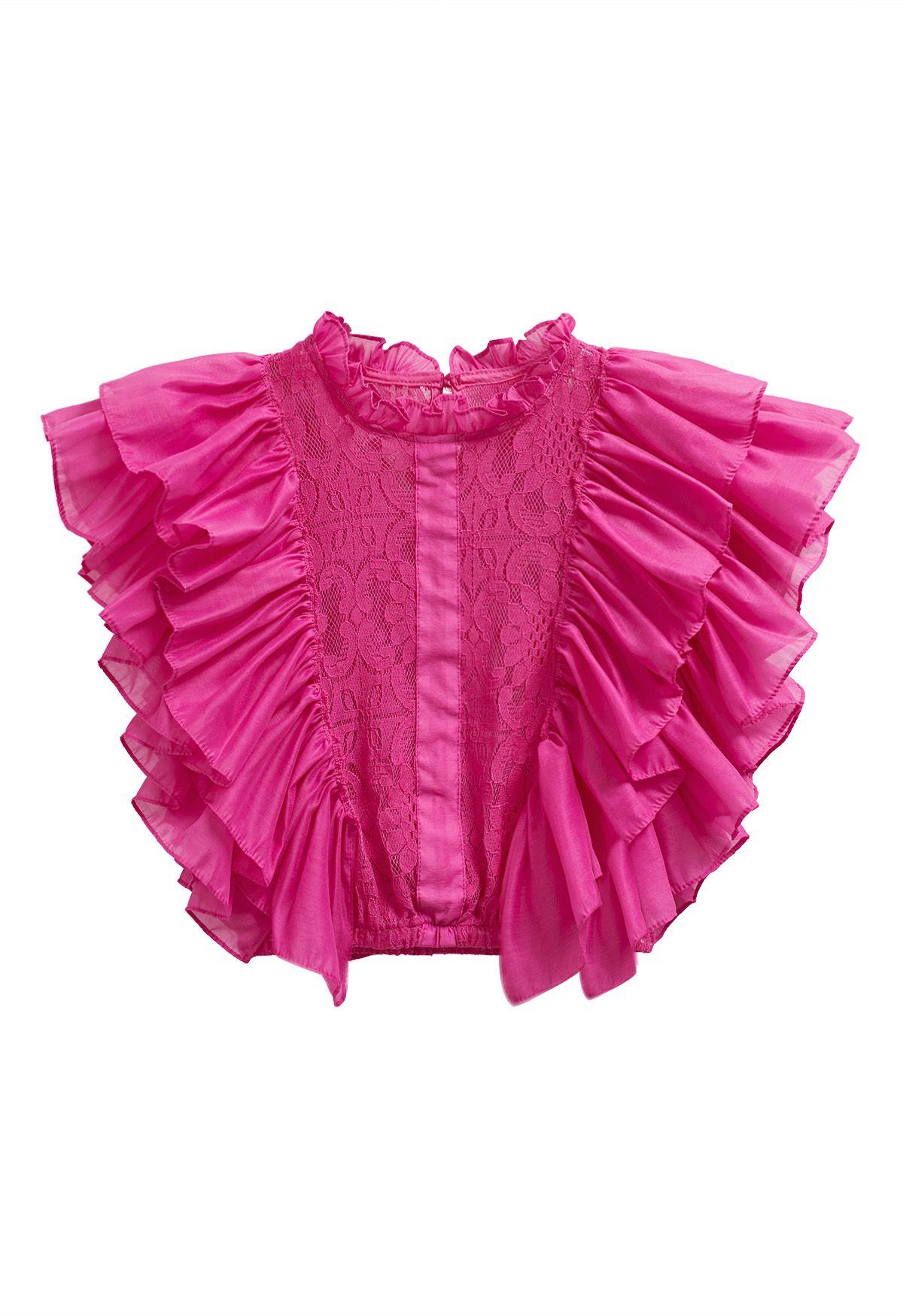 Tiered Ruffle Sleeveless Lace Crop Top in Magenta