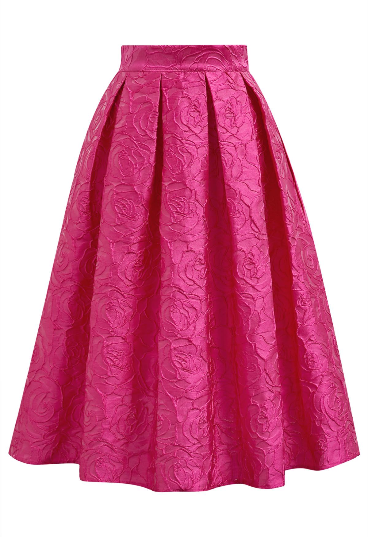 Hot Pink Roses Jacquard Side Pocket Pleated Midi Skirt