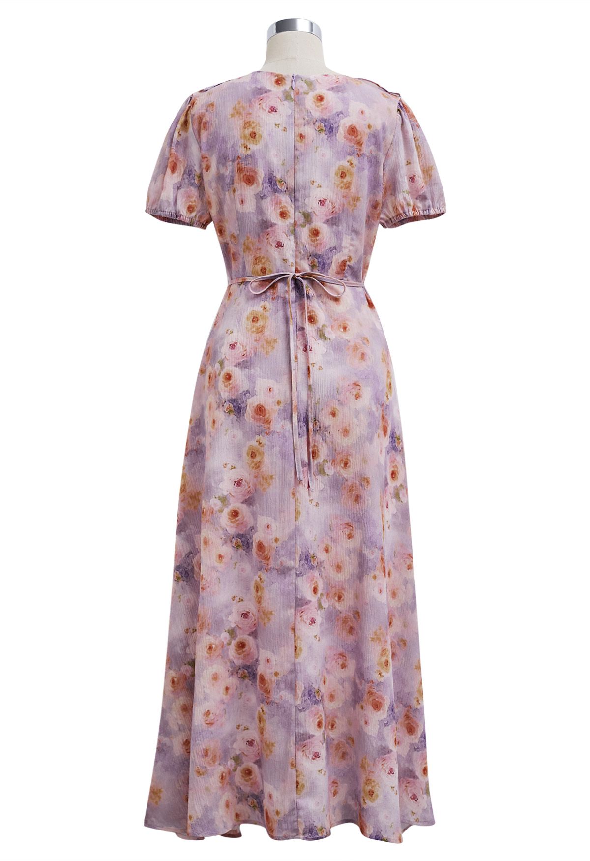 Rose Printed Ruffle Trim Maxi Dress in Lilac