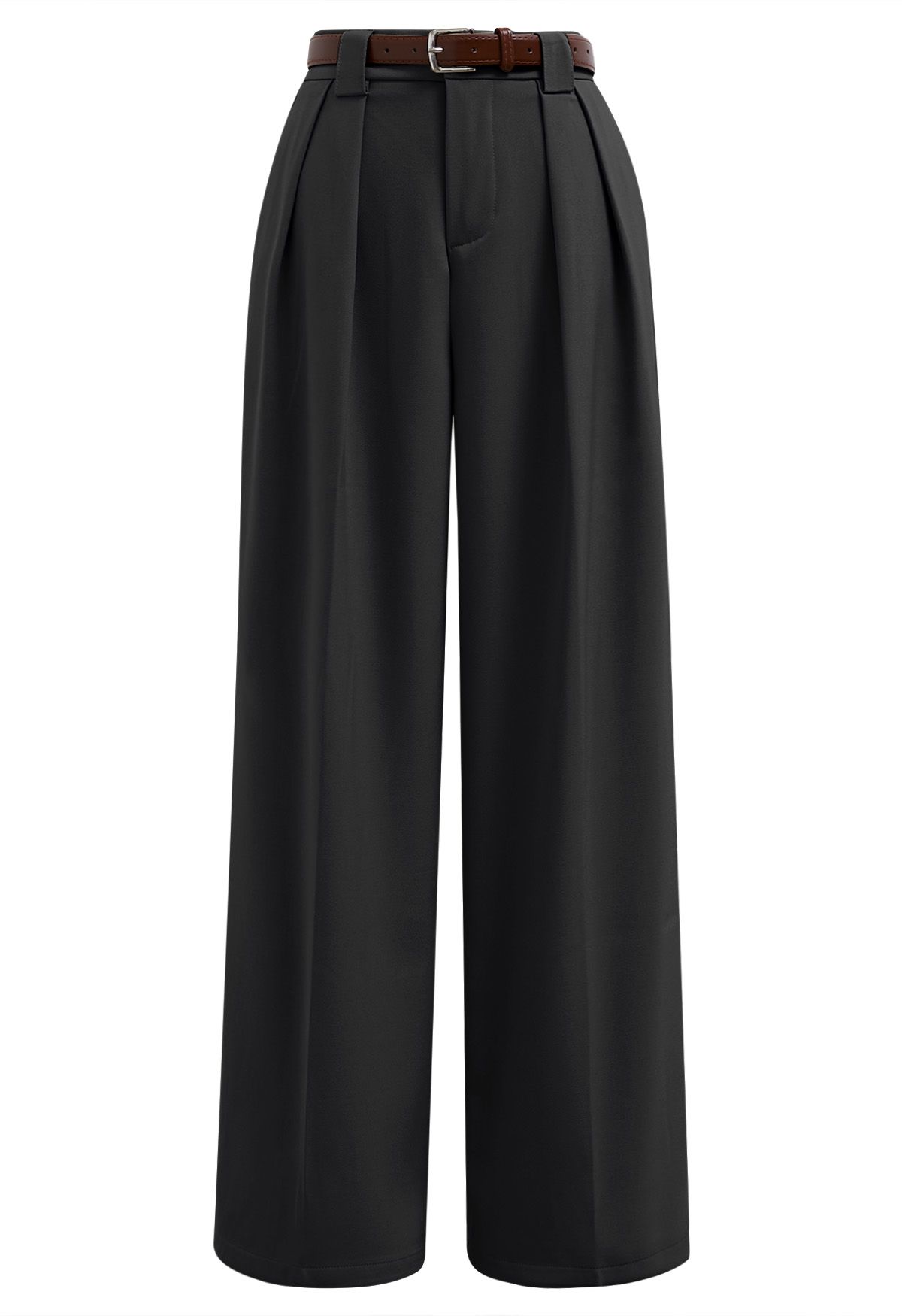 Faux Leather Belt Straight-Leg Pants in Black