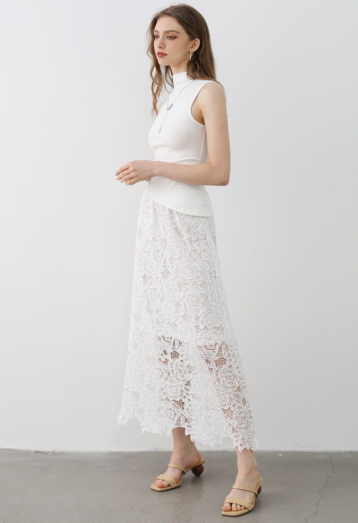 Exquisite Rose Cutwork Lace Maxi Skirt in White