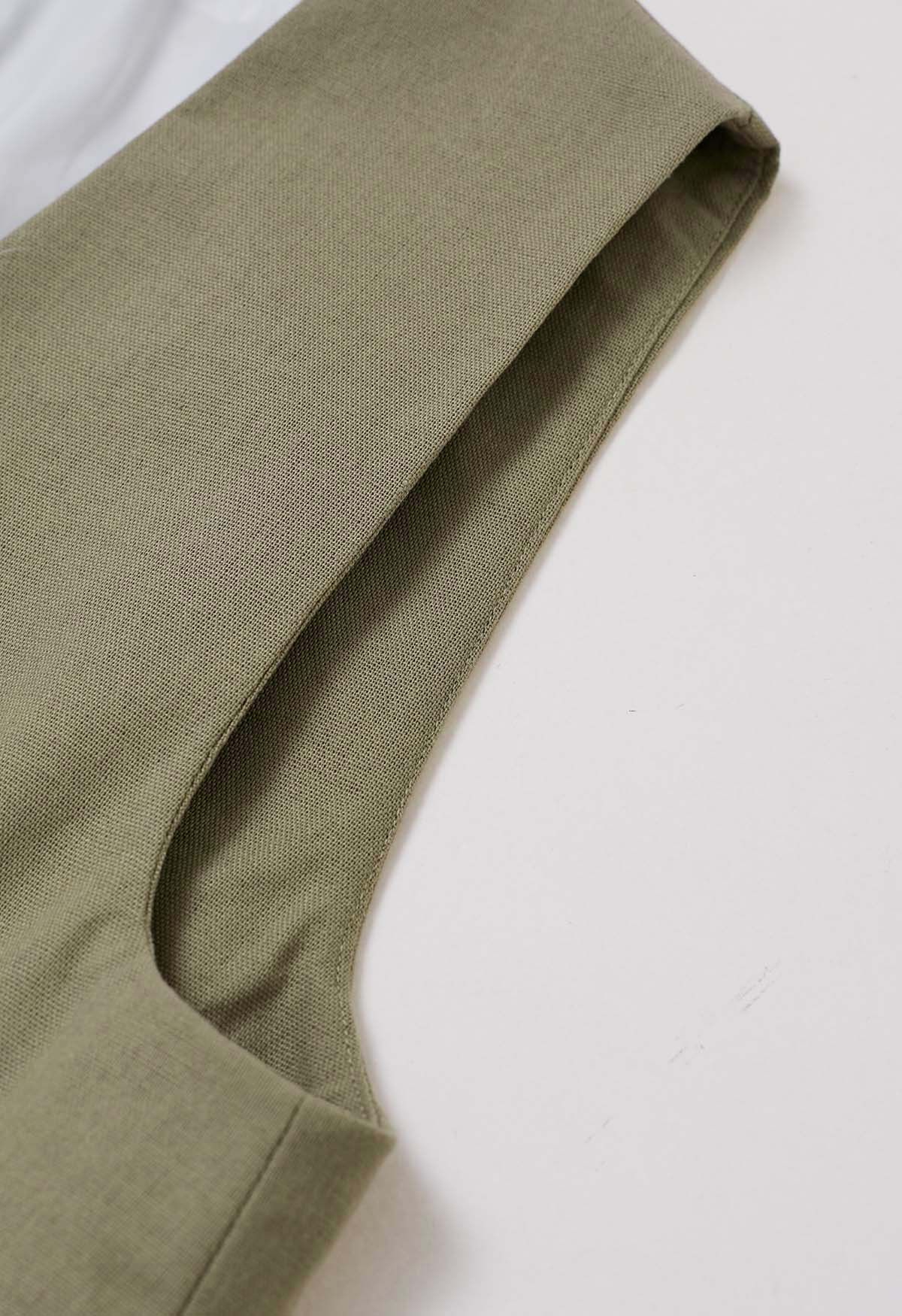 V-Neck Buttoned Down Linen-Blend Vest in Moss Green