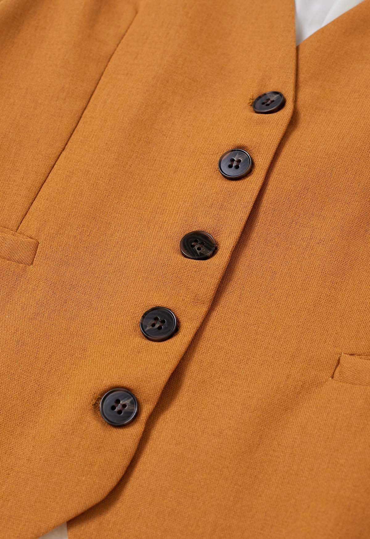 V-Neck Buttoned Down Linen-Blend Vest in Pumpkin