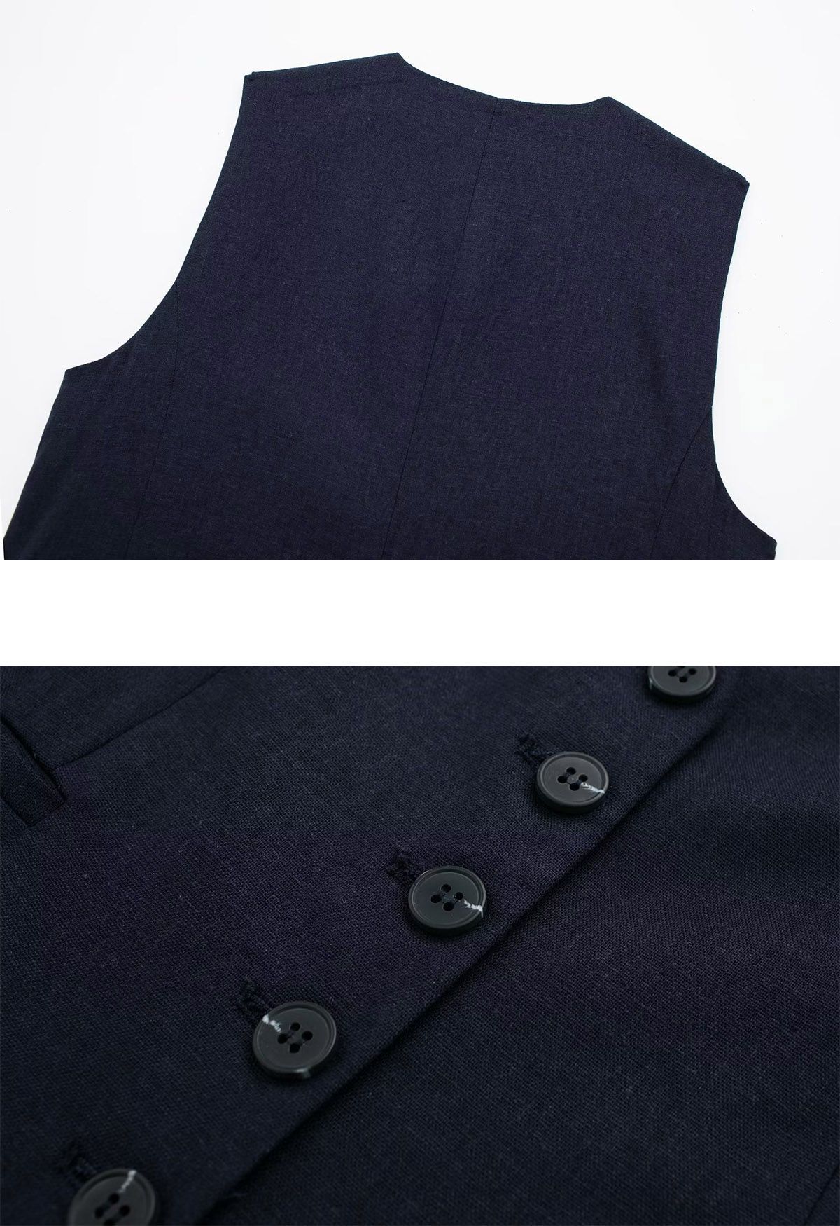 V-Neck Buttoned Down Linen-Blend Vest in Navy