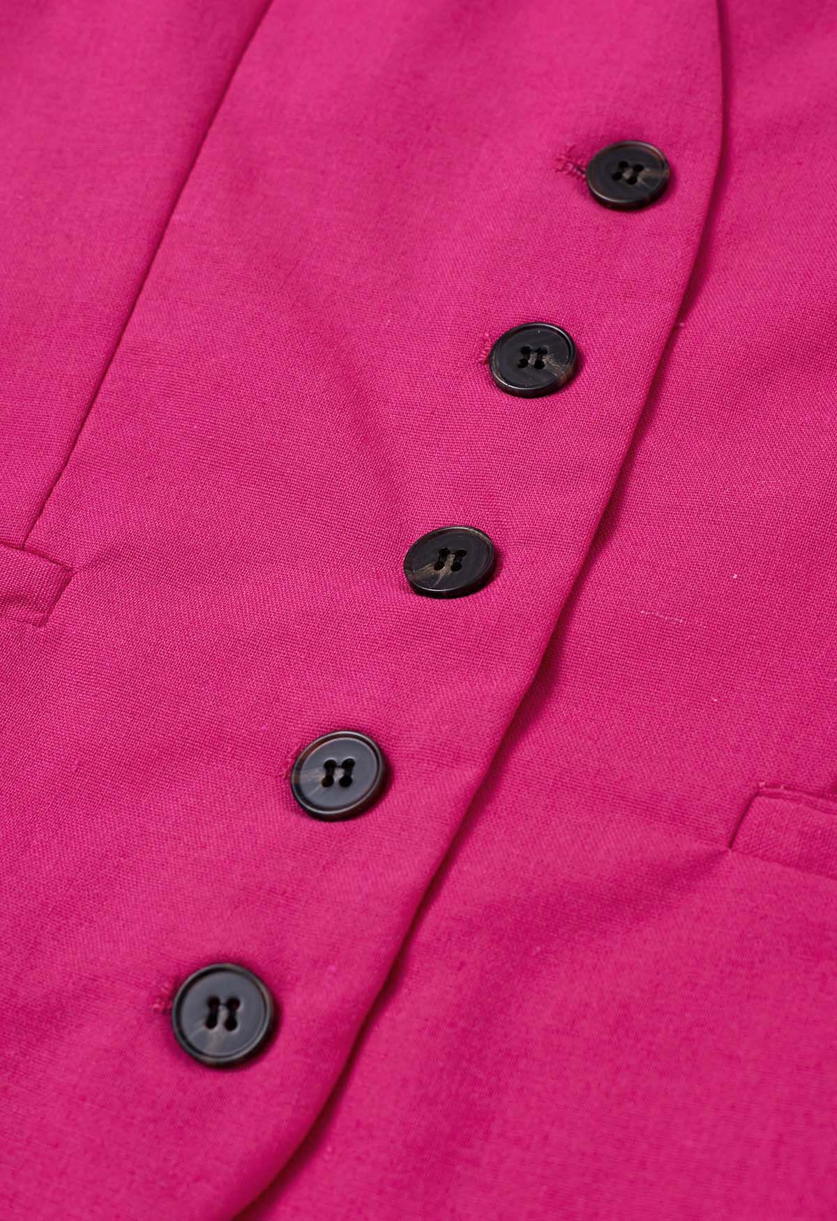 V-Neck Buttoned Down Linen-Blend Vest in Hot Pink