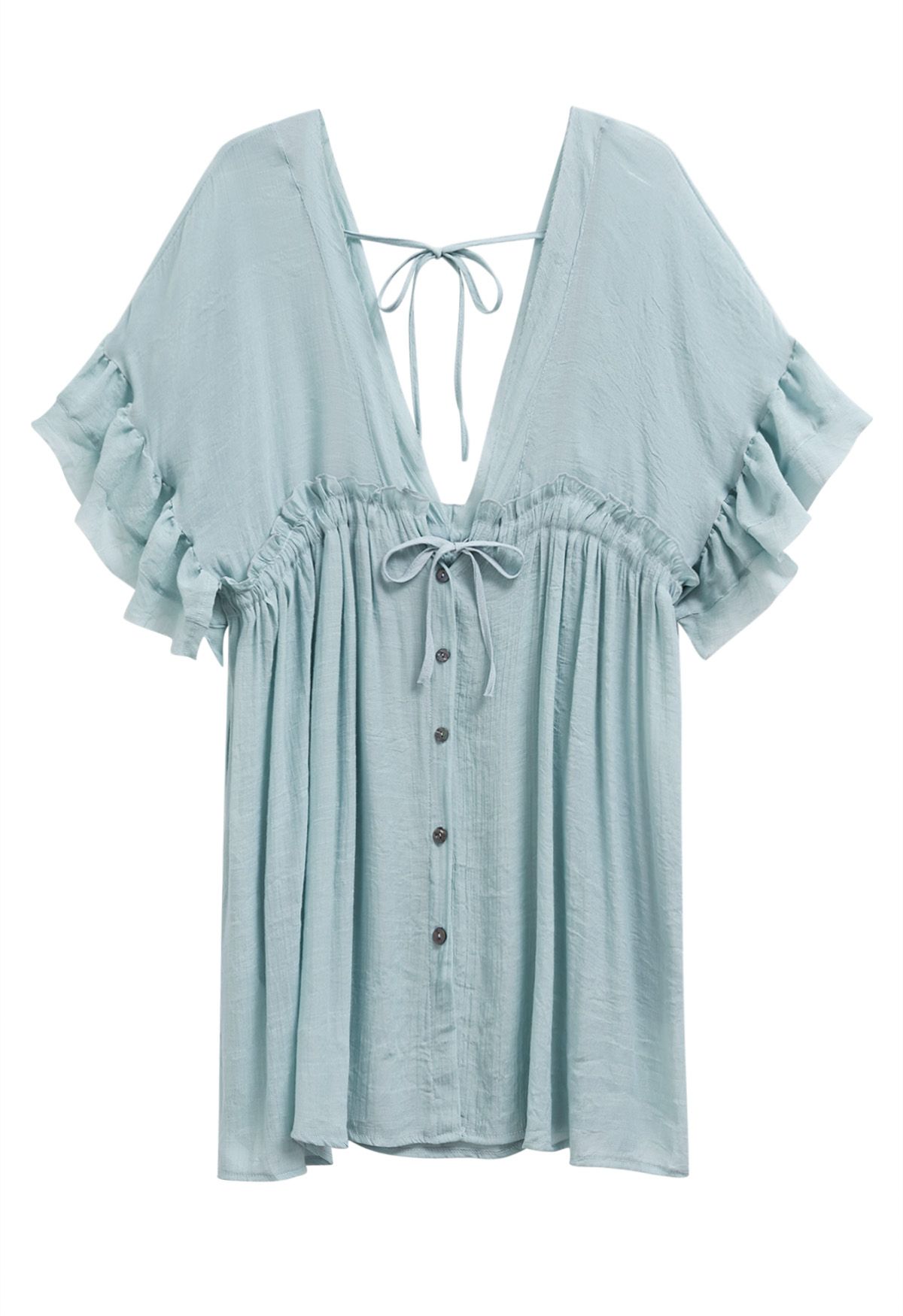 Deep V-Neck Flounce Sleeve Buttoned Cover-Up in Dusty Blue