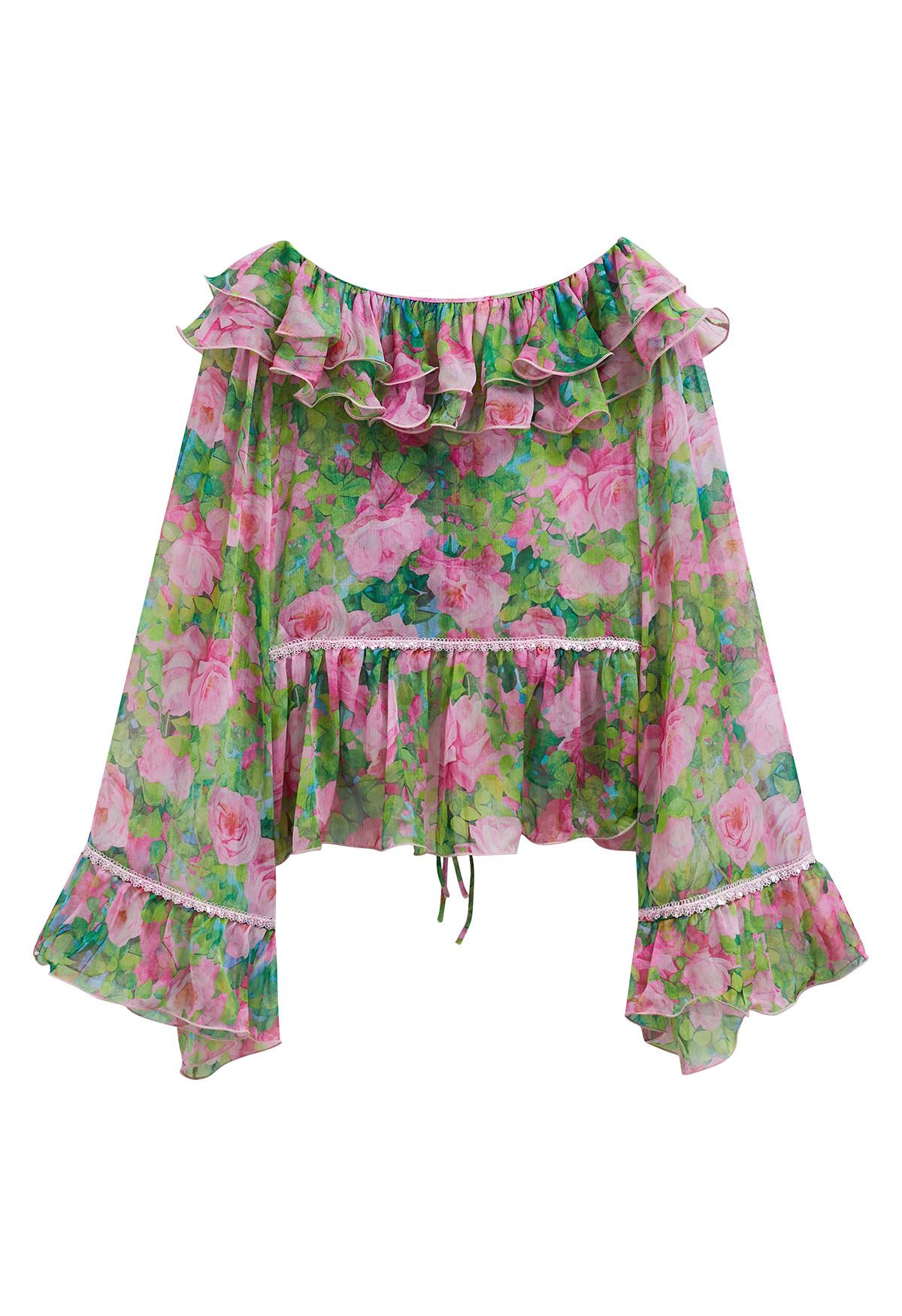 Watercolor Floral Ruffle Bell Sleeve Sheer Top in Green