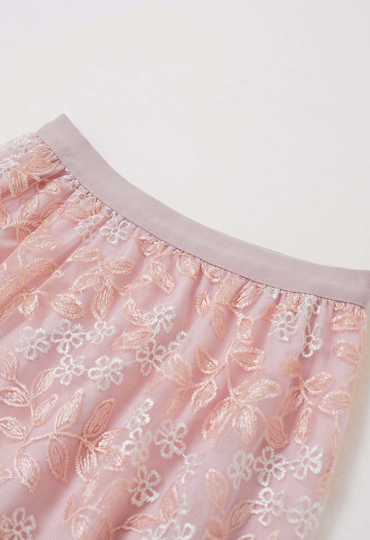 Floral Leaf Embroidered Mesh Tulle Midi Skirt in Pink