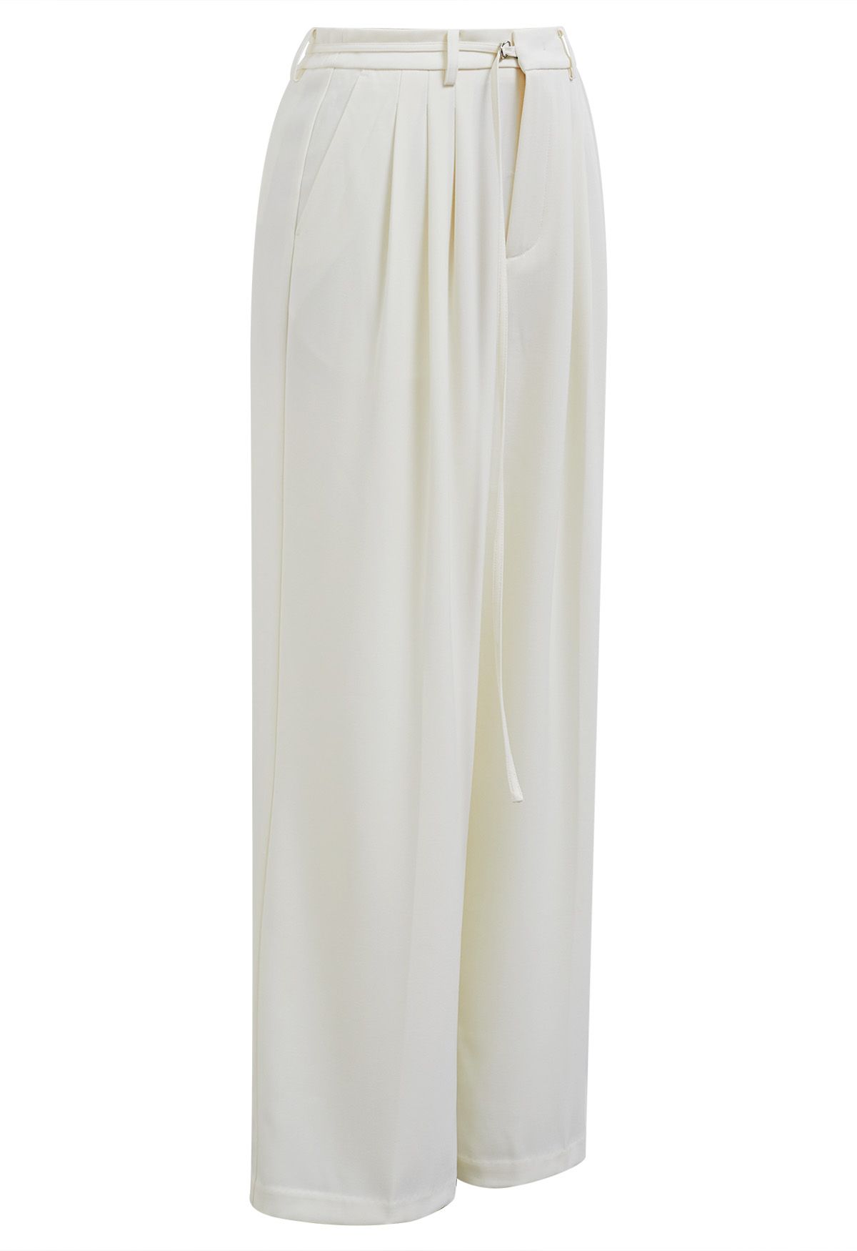 Adjustable Belt Pleated Straight-Leg Pants in Cream