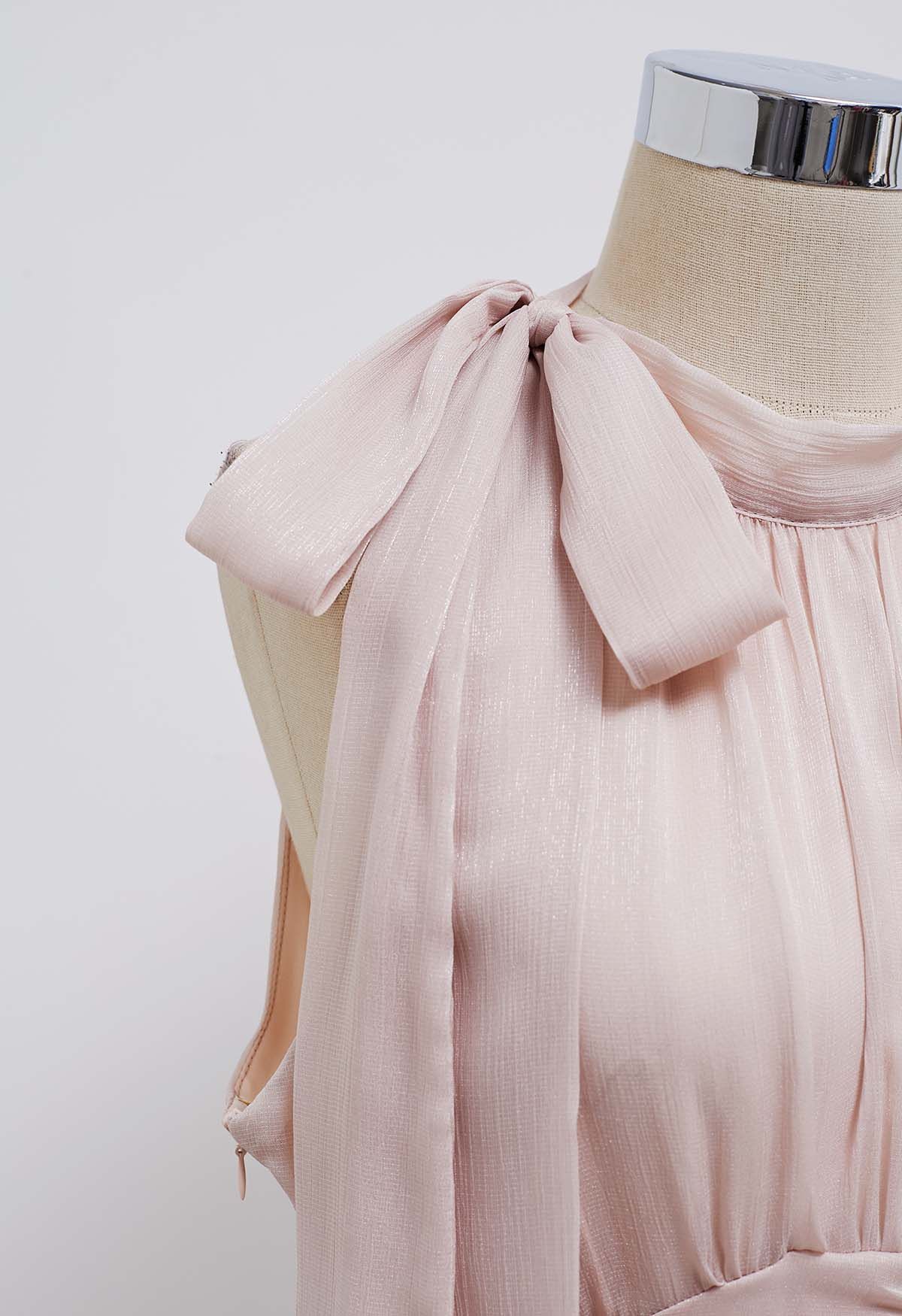 Solid Color Bowknot Halter Neck Ruffle Midi Dress in Light Pink