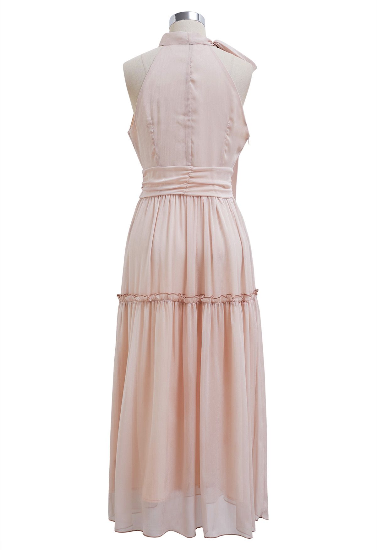 Solid Color Bowknot Halter Neck Ruffle Midi Dress in Light Pink