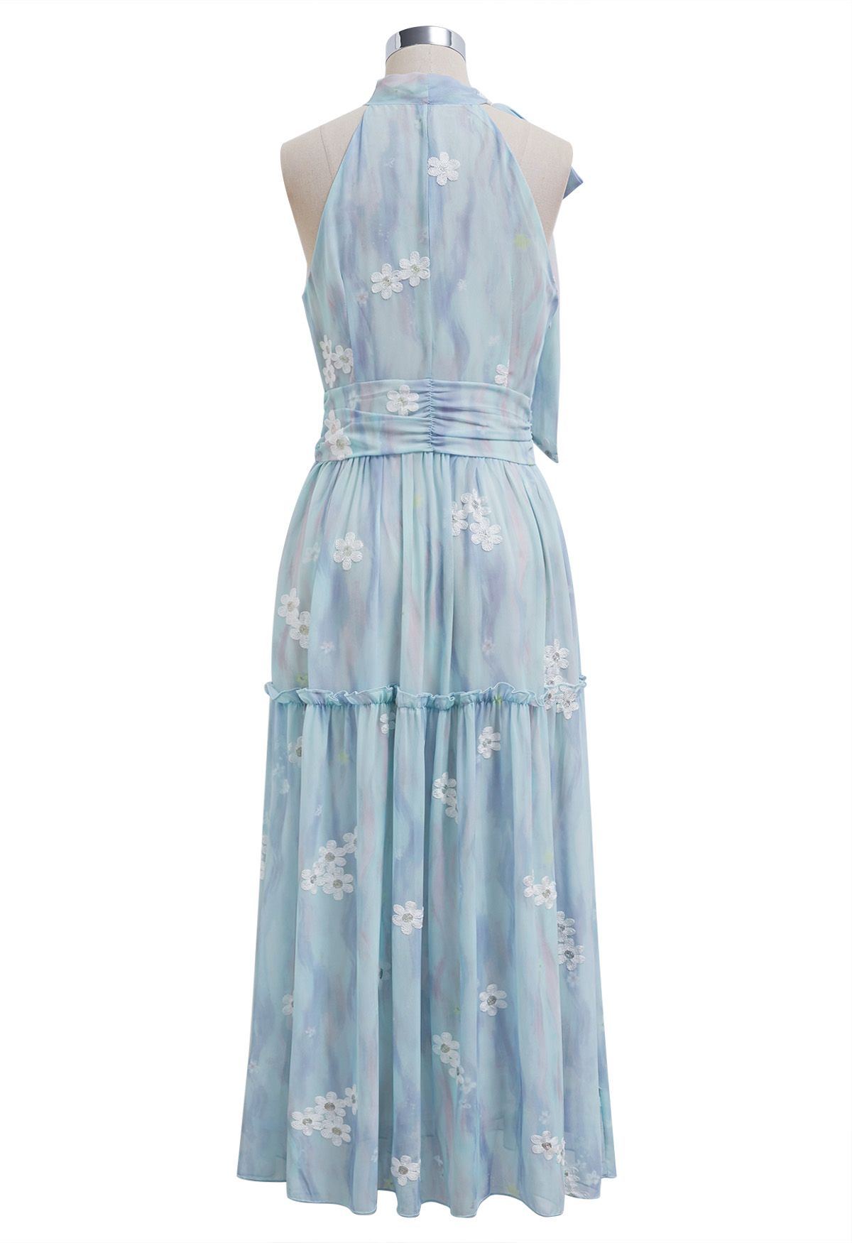 Floret Embroidery Bowknot Halter Neck Ruffle Midi Dress in Blue