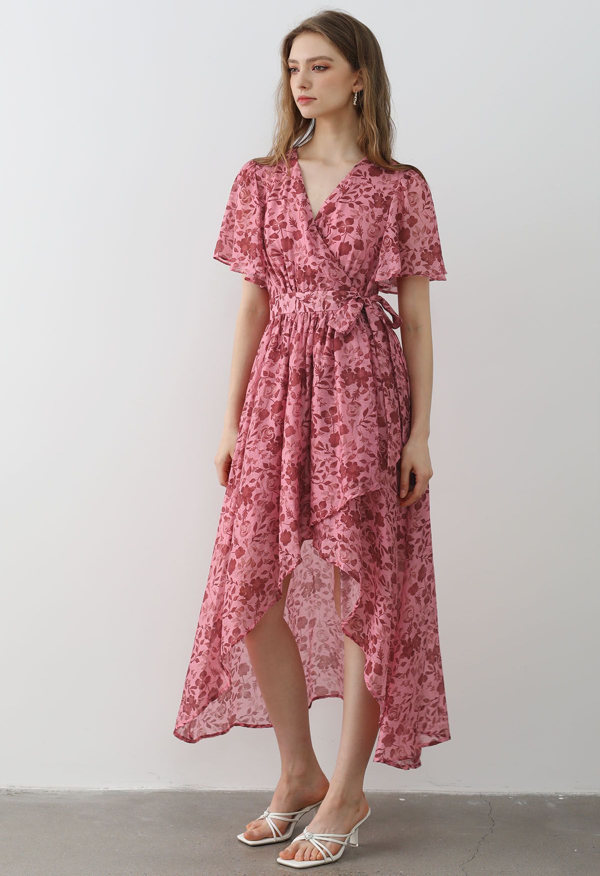 Rust Flower Print Flutter Sleeve Asymmetric Wrap Dress