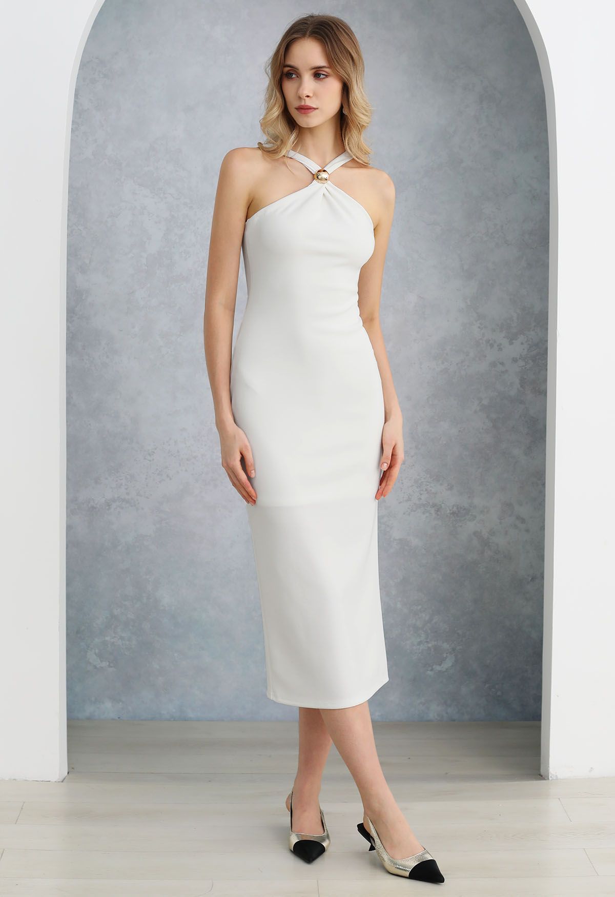 Golden Bead Trim Halter Sheath Dress in White