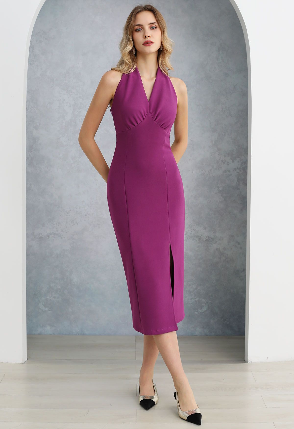 Modern Muse Halter Neck Slit Sheath Dress in Magenta