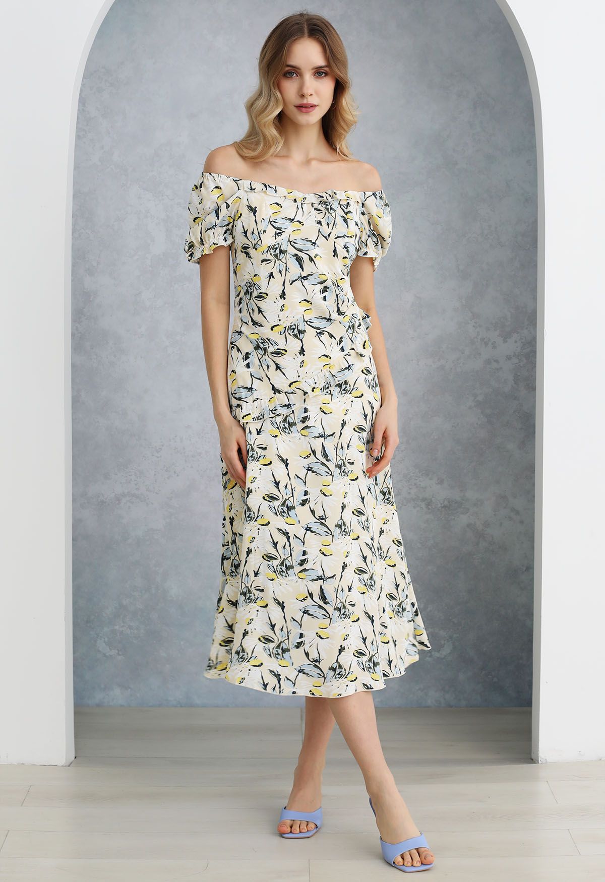 Daisy Printed Off-Shoulder Ruffle Trim Midi Dress