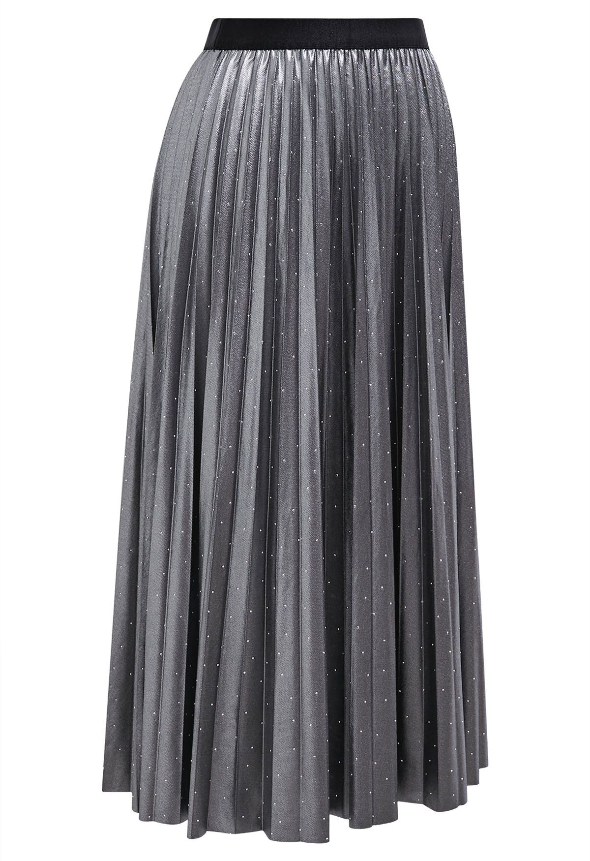 Rhinestone Embellished Pleated Midi Skirt in Sliver