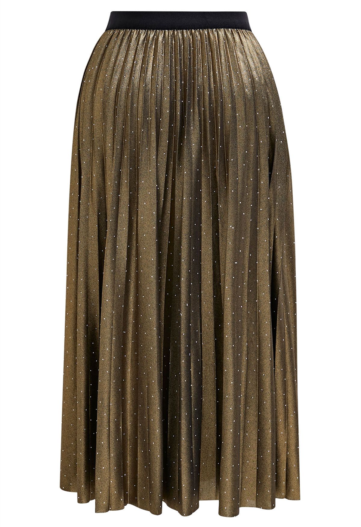 Rhinestone Embellished Pleated Midi Skirt in Moss Green