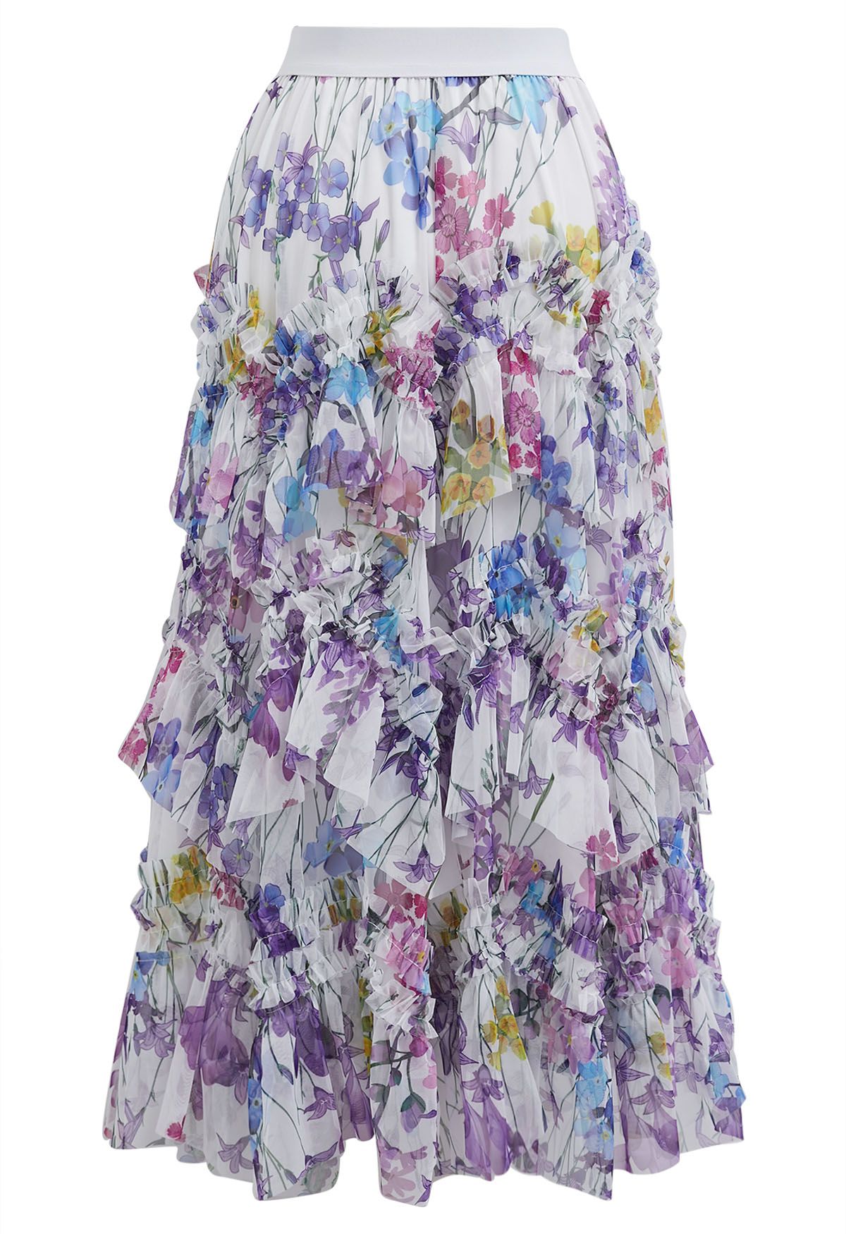 Flowery Printed Ruffle Mesh Maxi Skirt in Purple