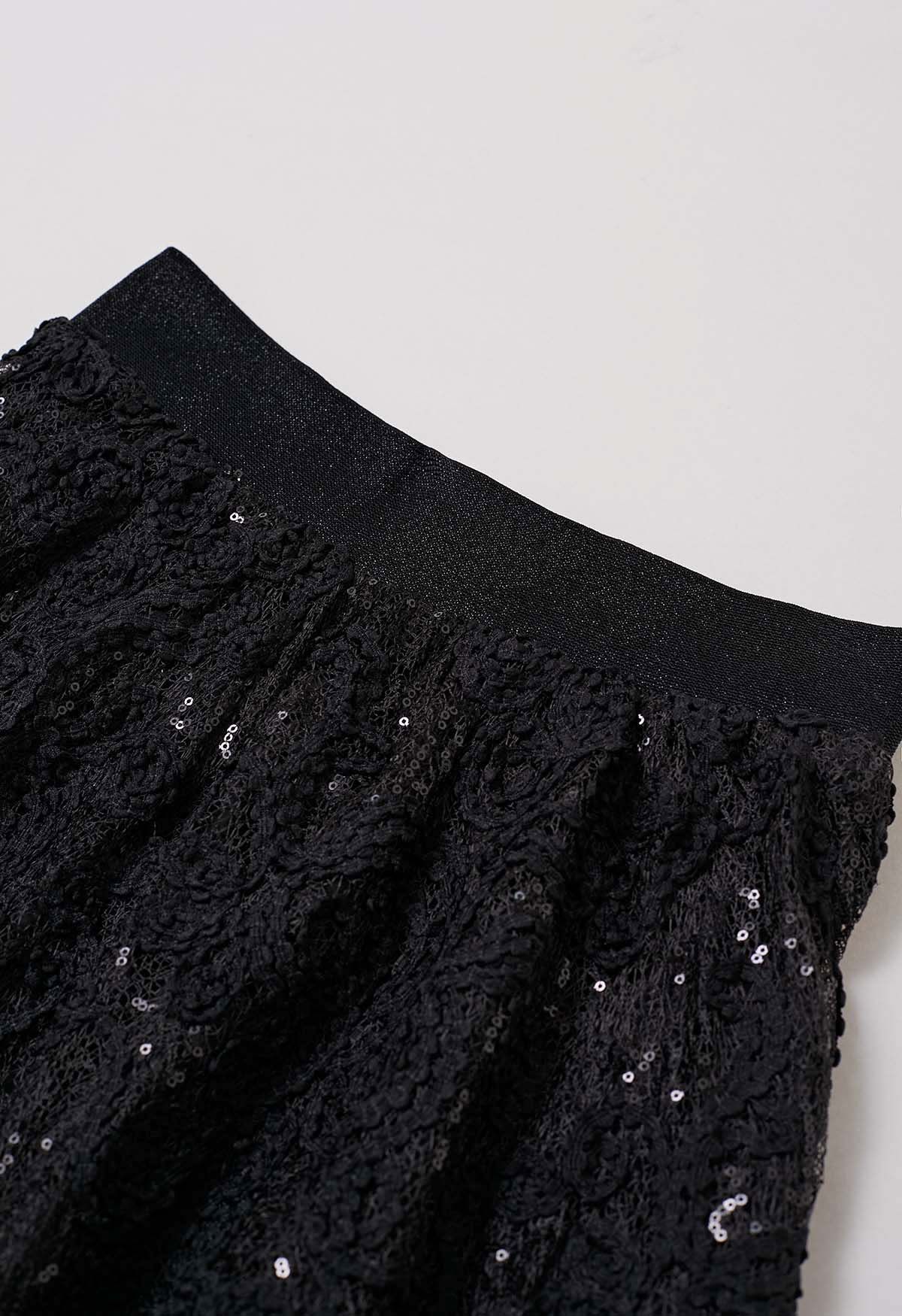 Floral Crochet Sequin Embellished Fishnet Maxi Skirt in Black