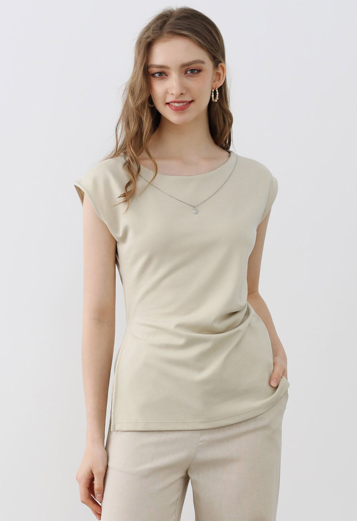 Decorative Necklace Side Pleat Cotton Top in Sand