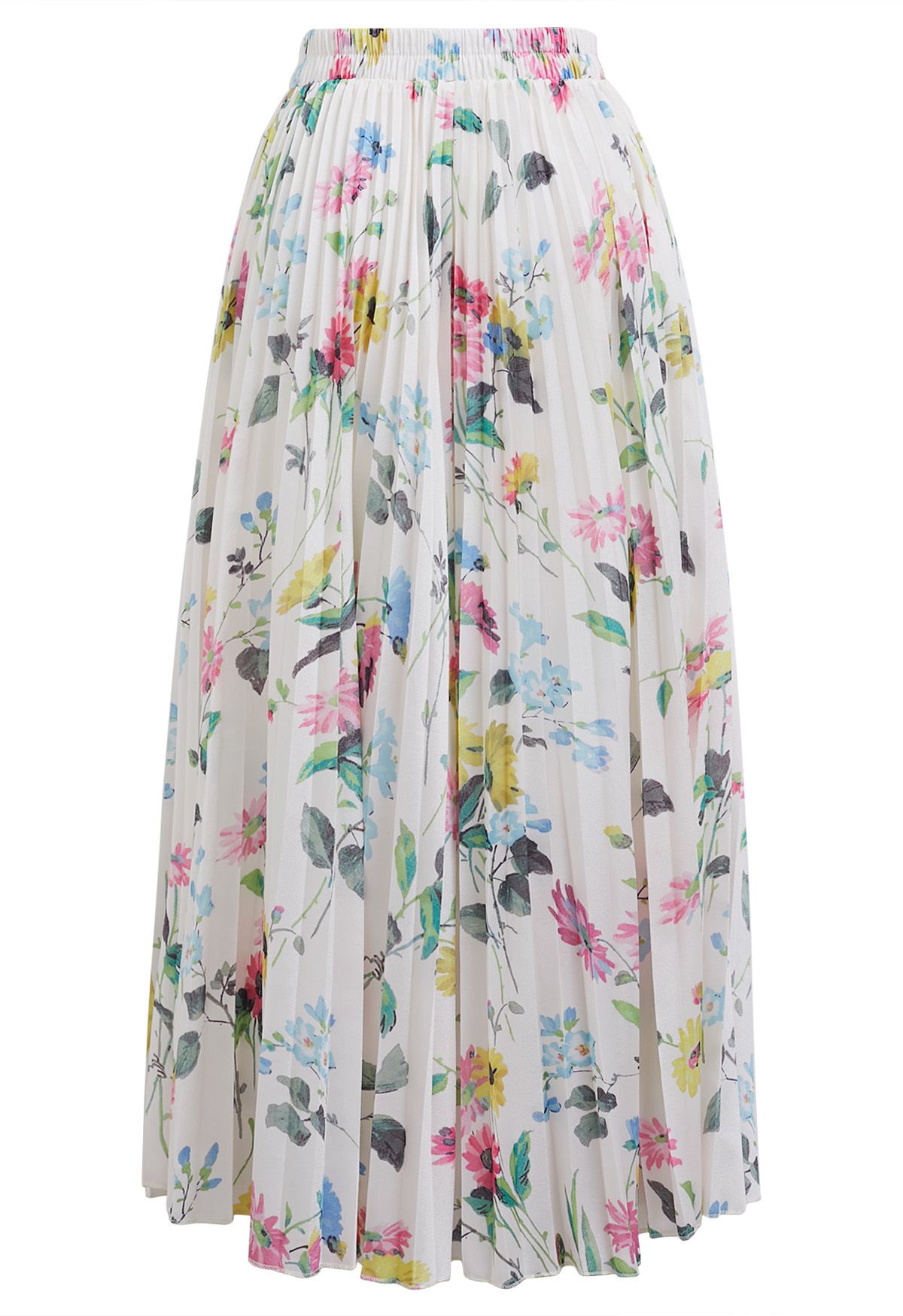 Vivid Floral Print Pleated Maxi Skirt in White