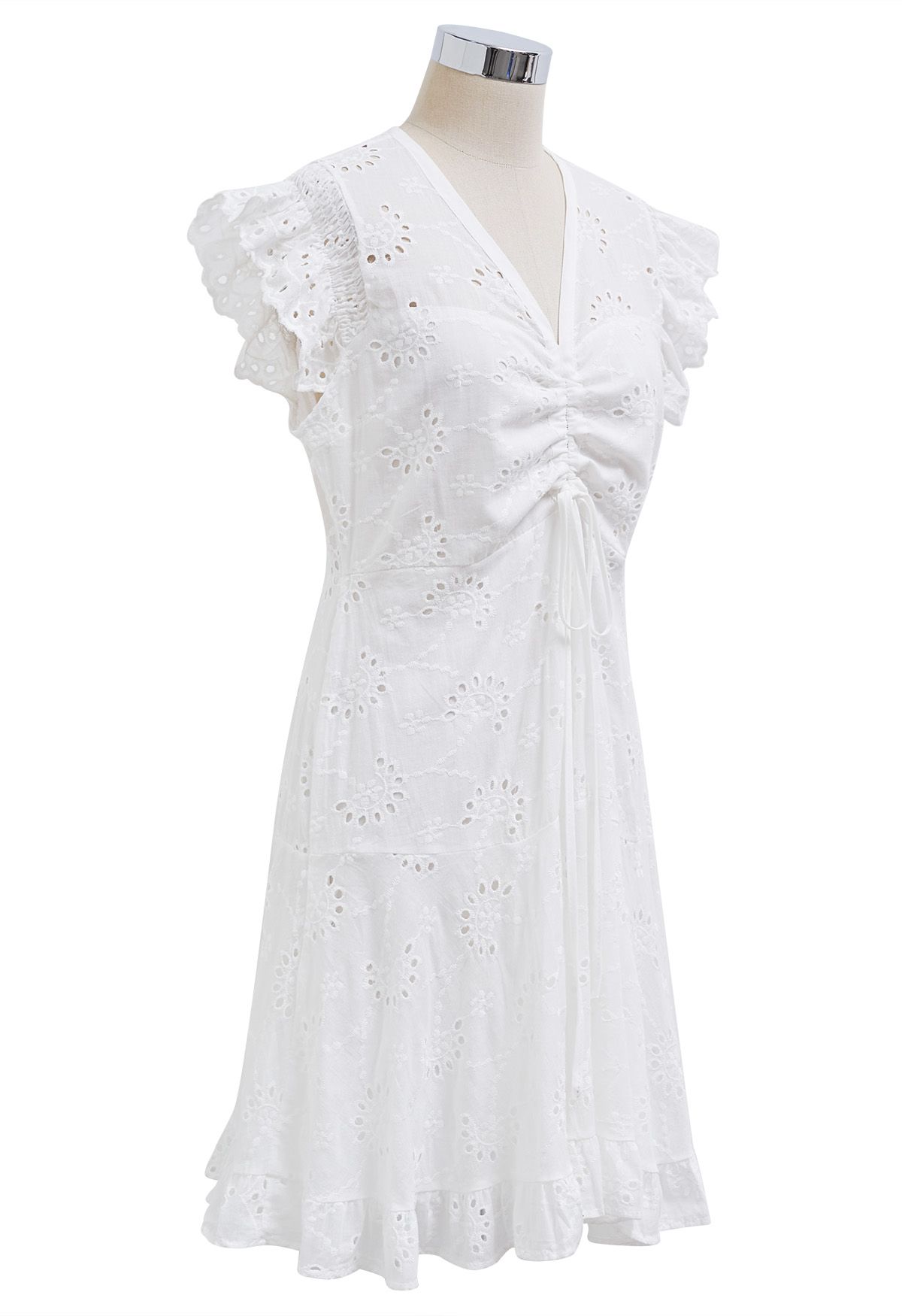 Drawstring Front Eyelet Embroidered Mini Dress in White