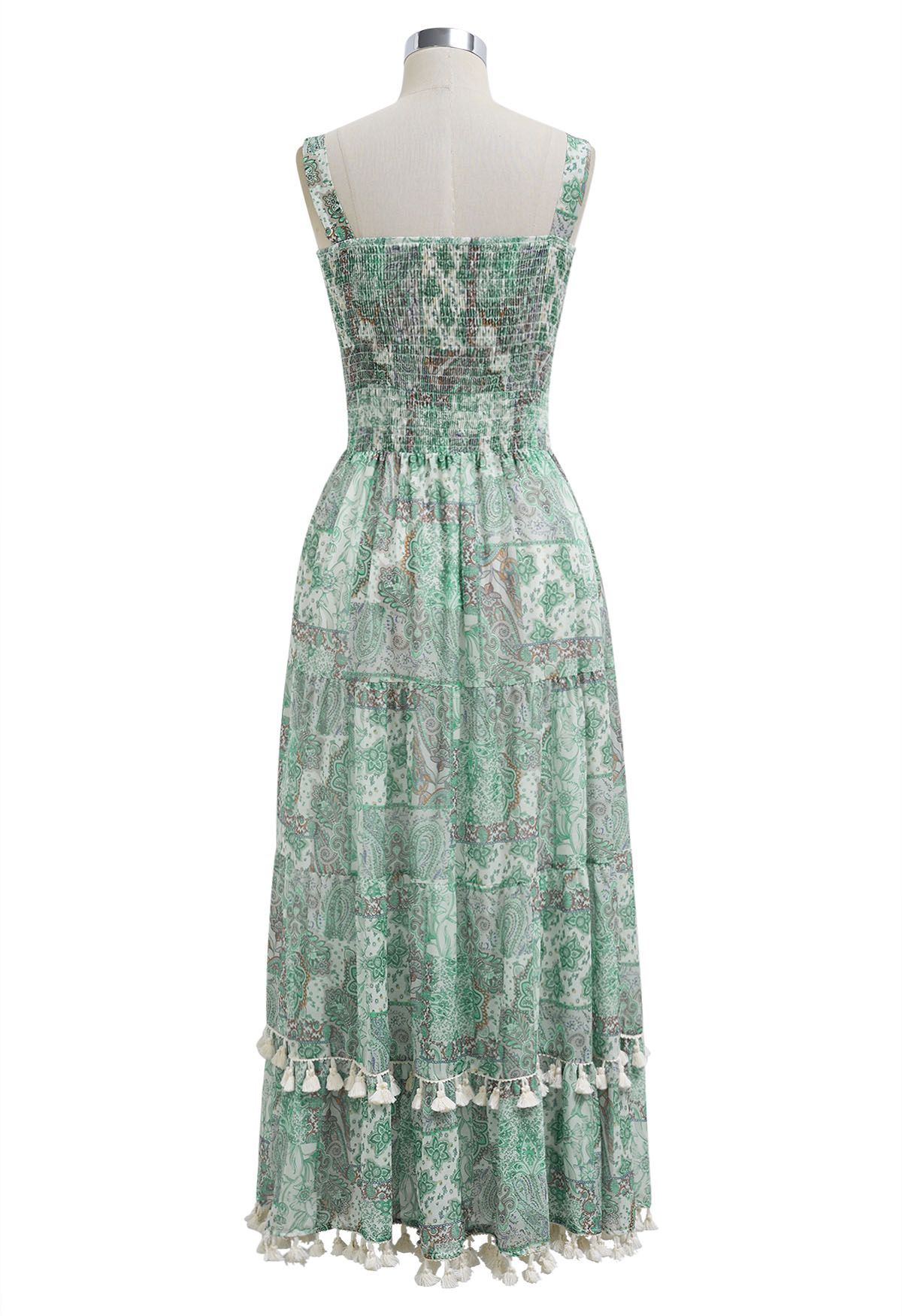 Floral Printed Tassel Trim Shirred Cami Dress in Green