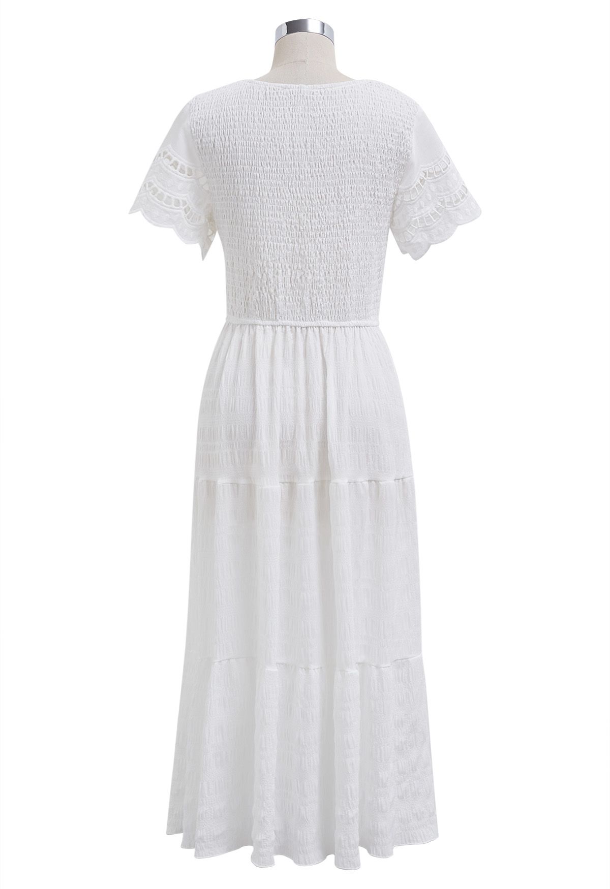 Cutwork Sleeve Shirred Bodice Midi Dress in White