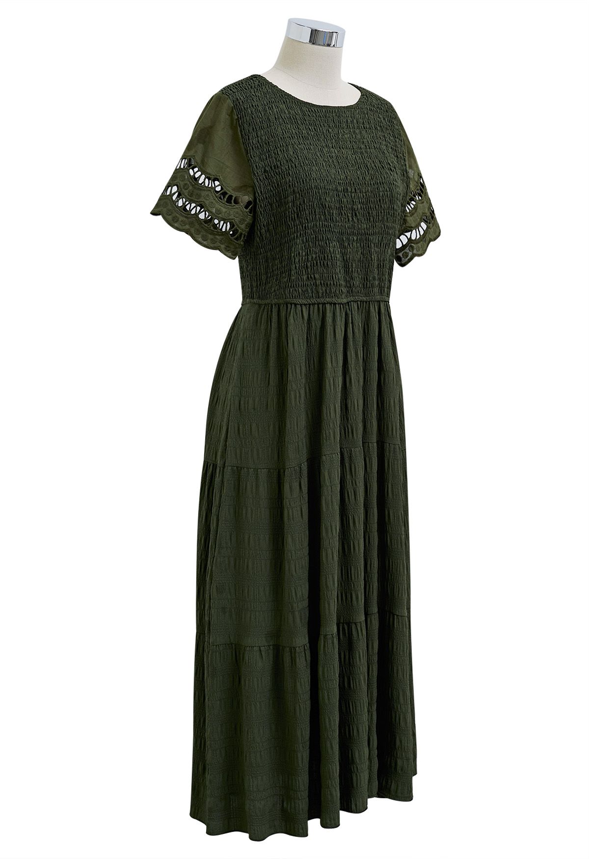 Cutwork Sleeve Shirred Bodice Midi Dress in Army Green