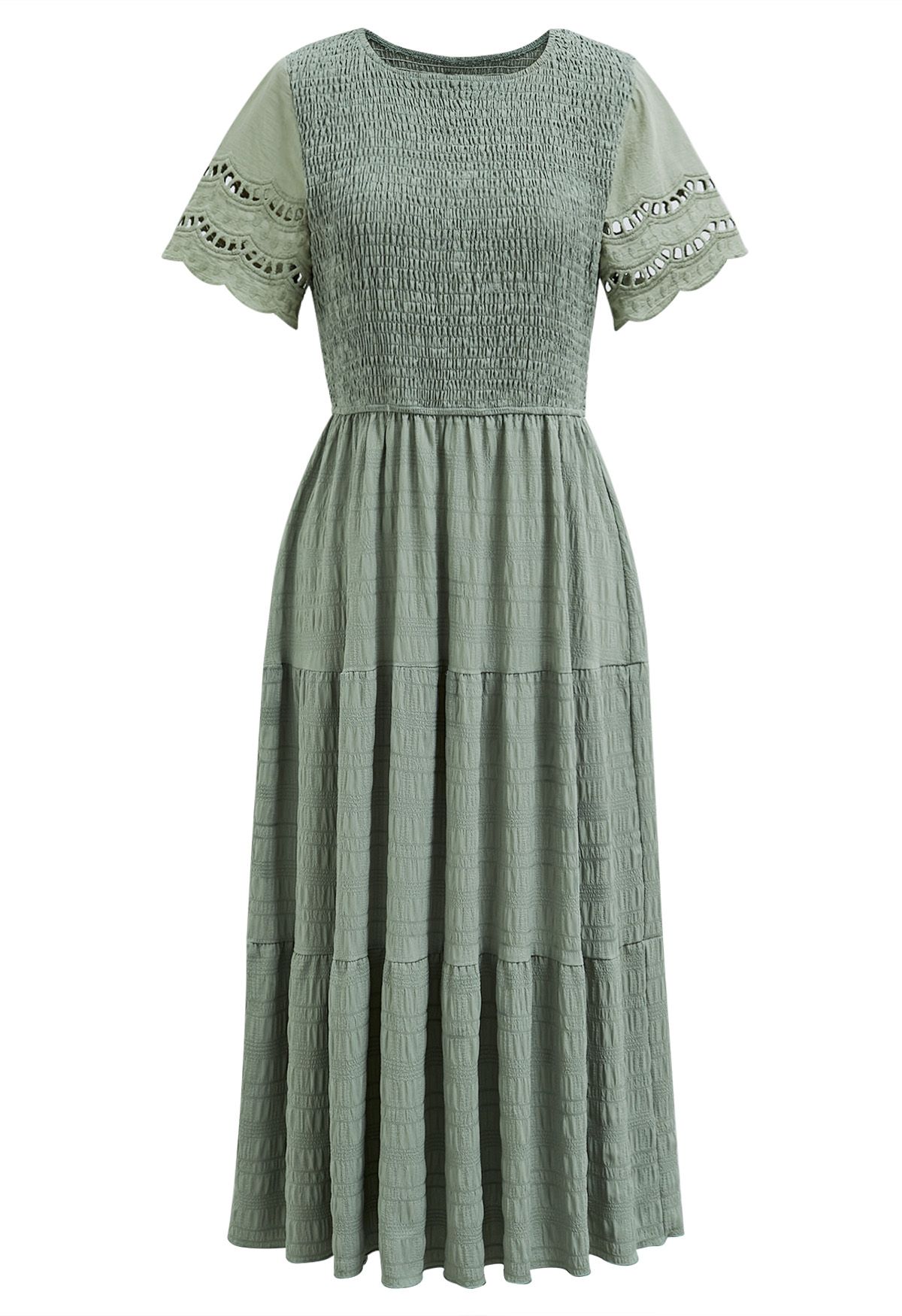 Cutwork Sleeve Shirred Bodice Midi Dress in Sage