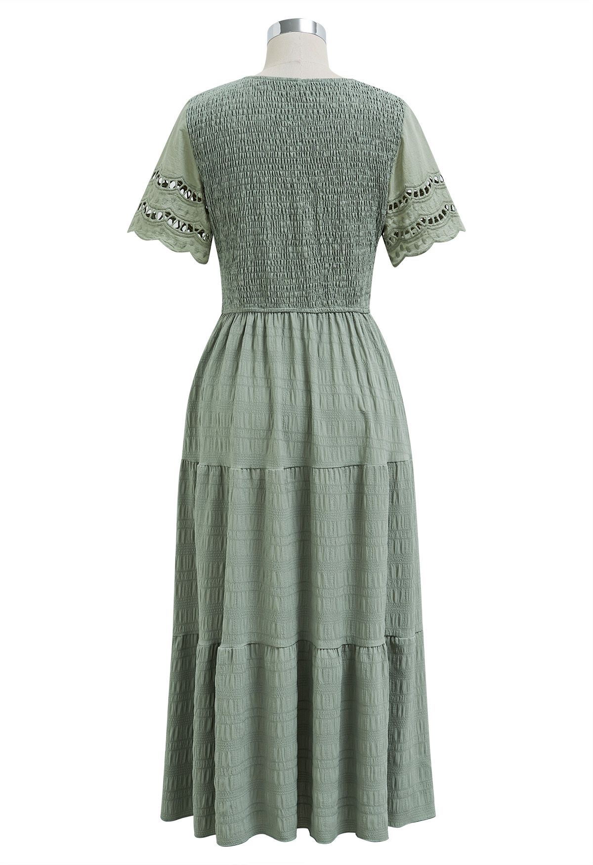 Cutwork Sleeve Shirred Bodice Midi Dress in Sage