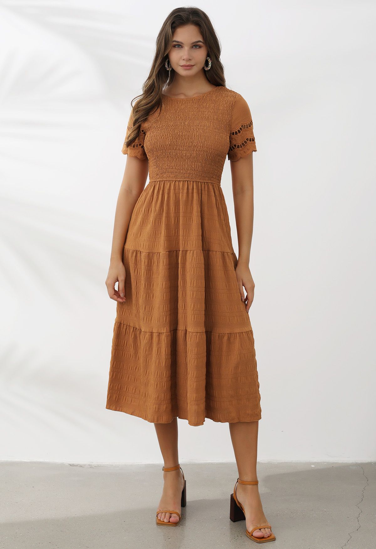 Cutwork Sleeve Shirred Bodice Midi Dress in Pumpkin