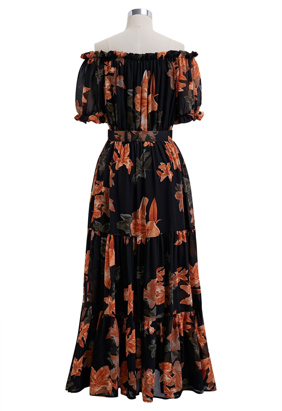 Lily Printed Off-Shoulder Chiffon Midi Dress in Orange