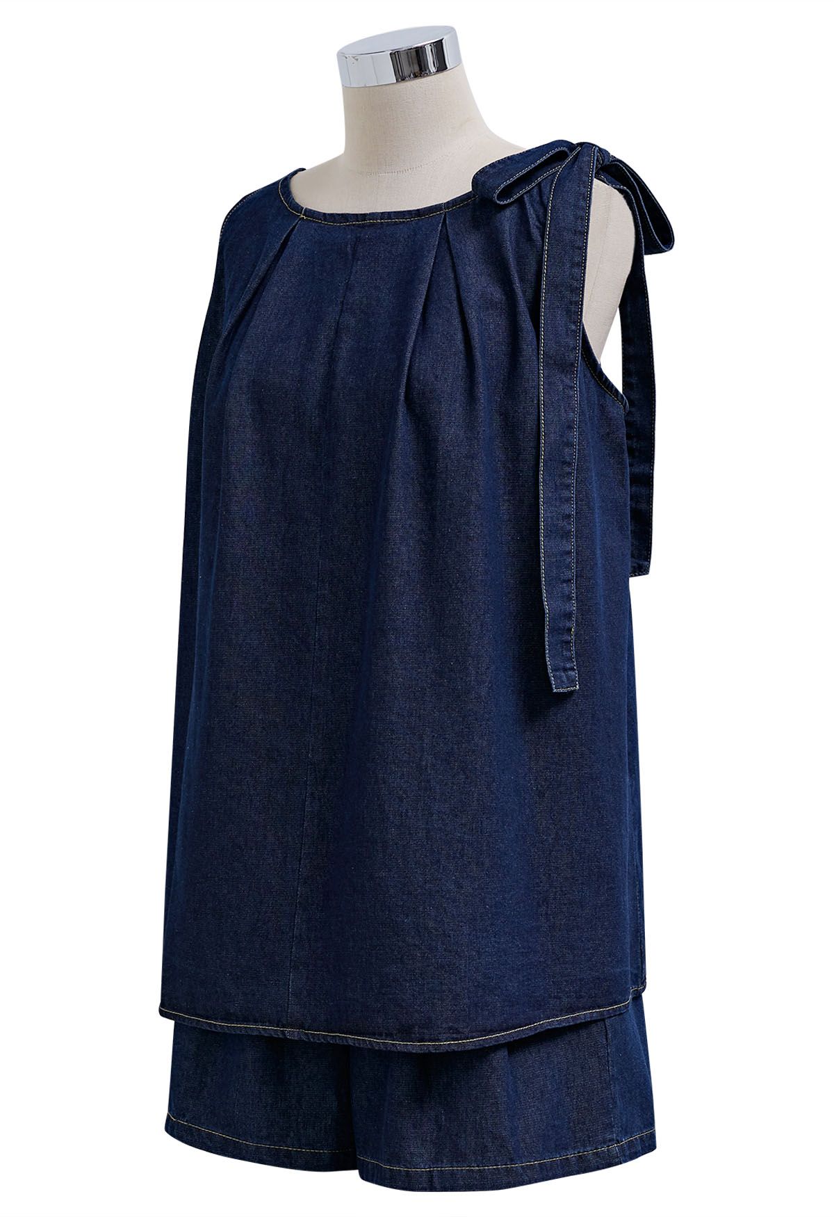 Bowknot Shoulder Sleeveless Denim Top and Shorts Set