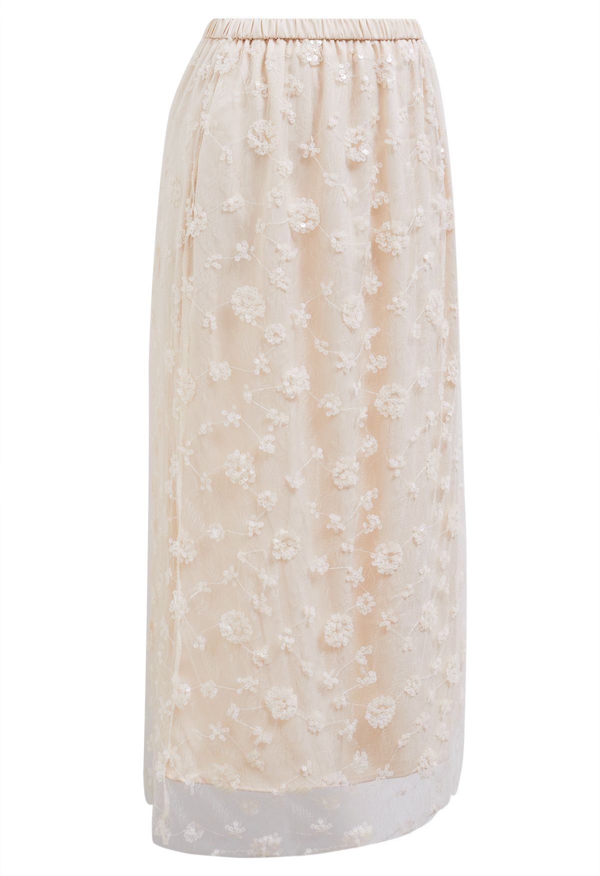 Sequined Dandelion Mesh Midi Skirt in Apricot