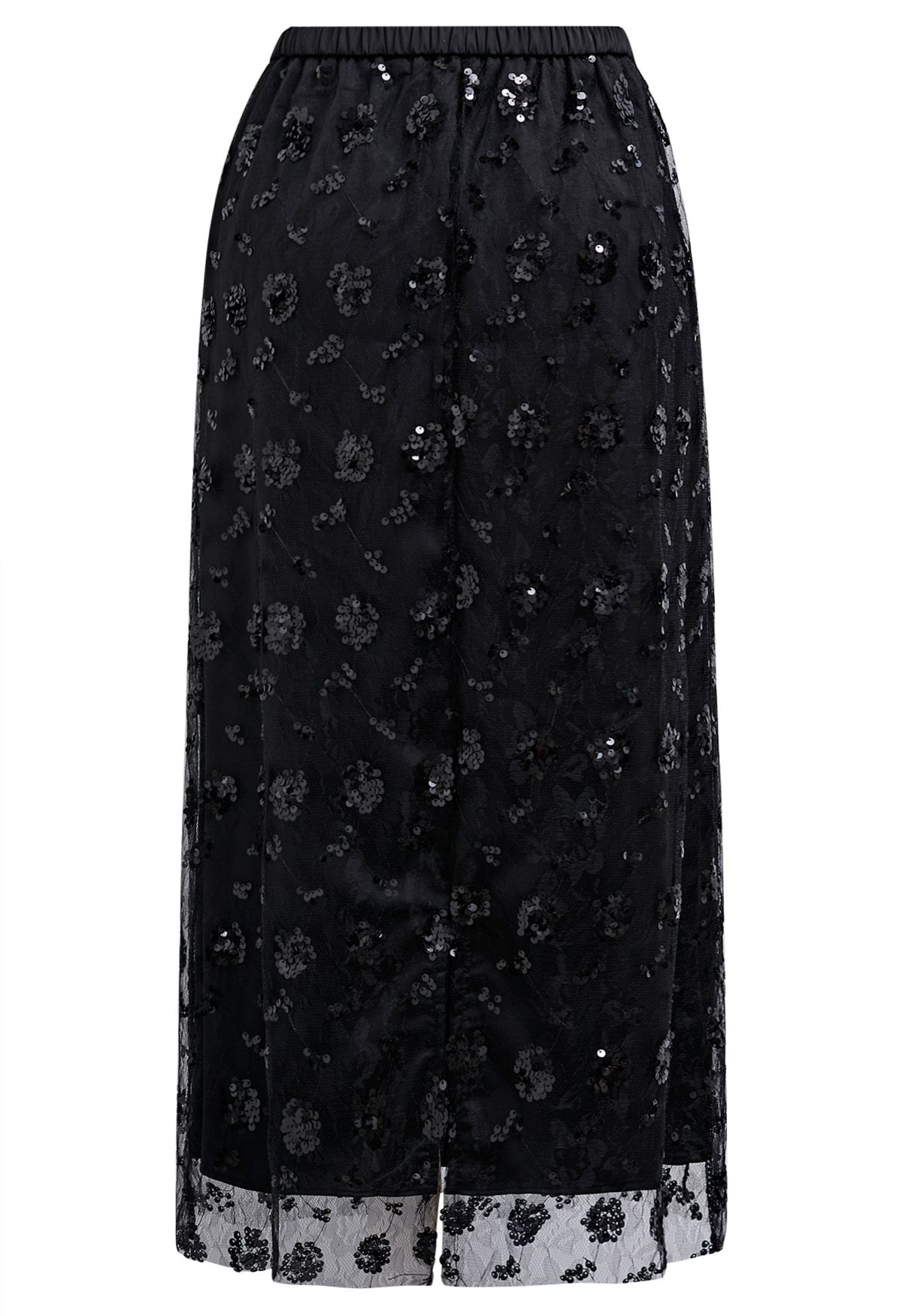 Sequined Dandelion Mesh Midi Skirt in Black