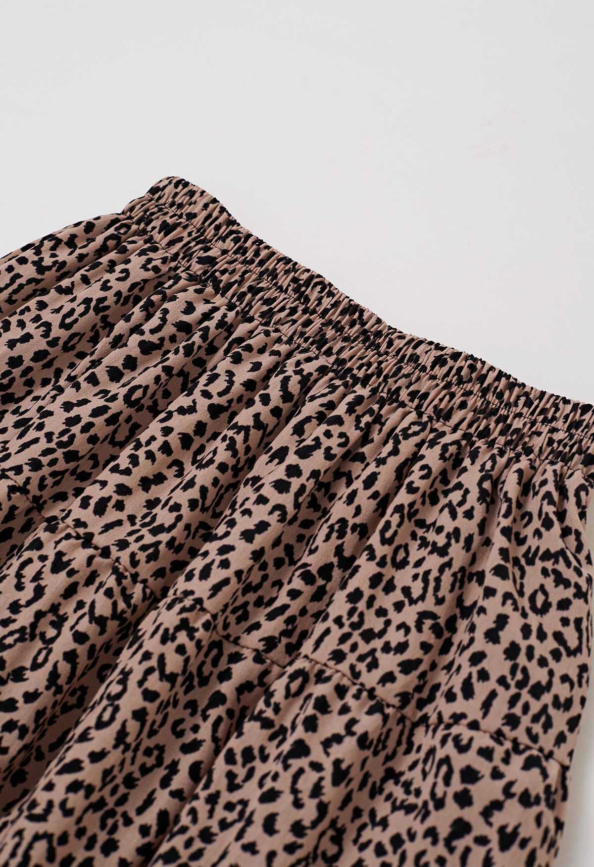 Leopard Printed Panelled Frilling Midi Skirt