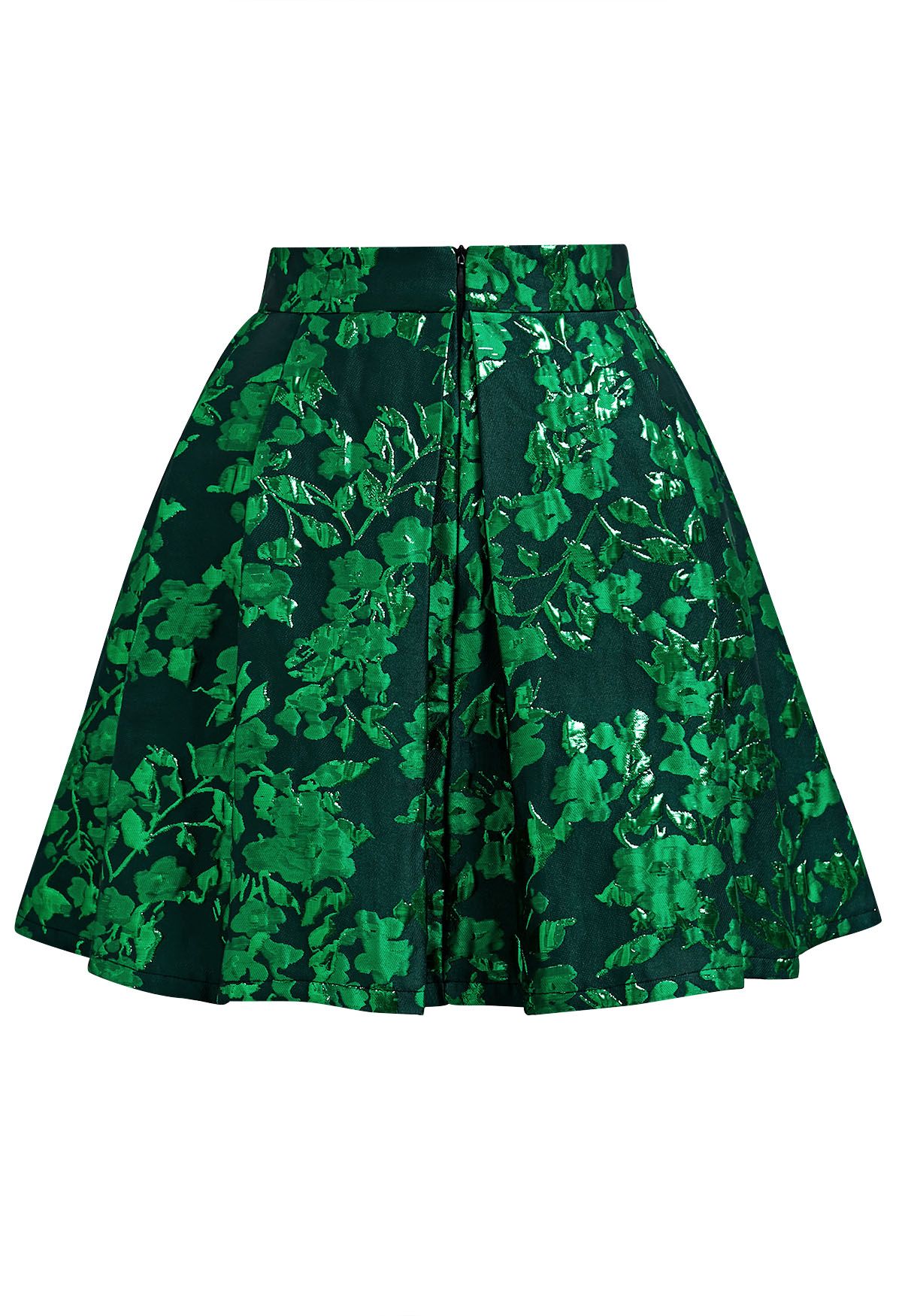 Green Floral Jacquard Pleated Mini Skirt