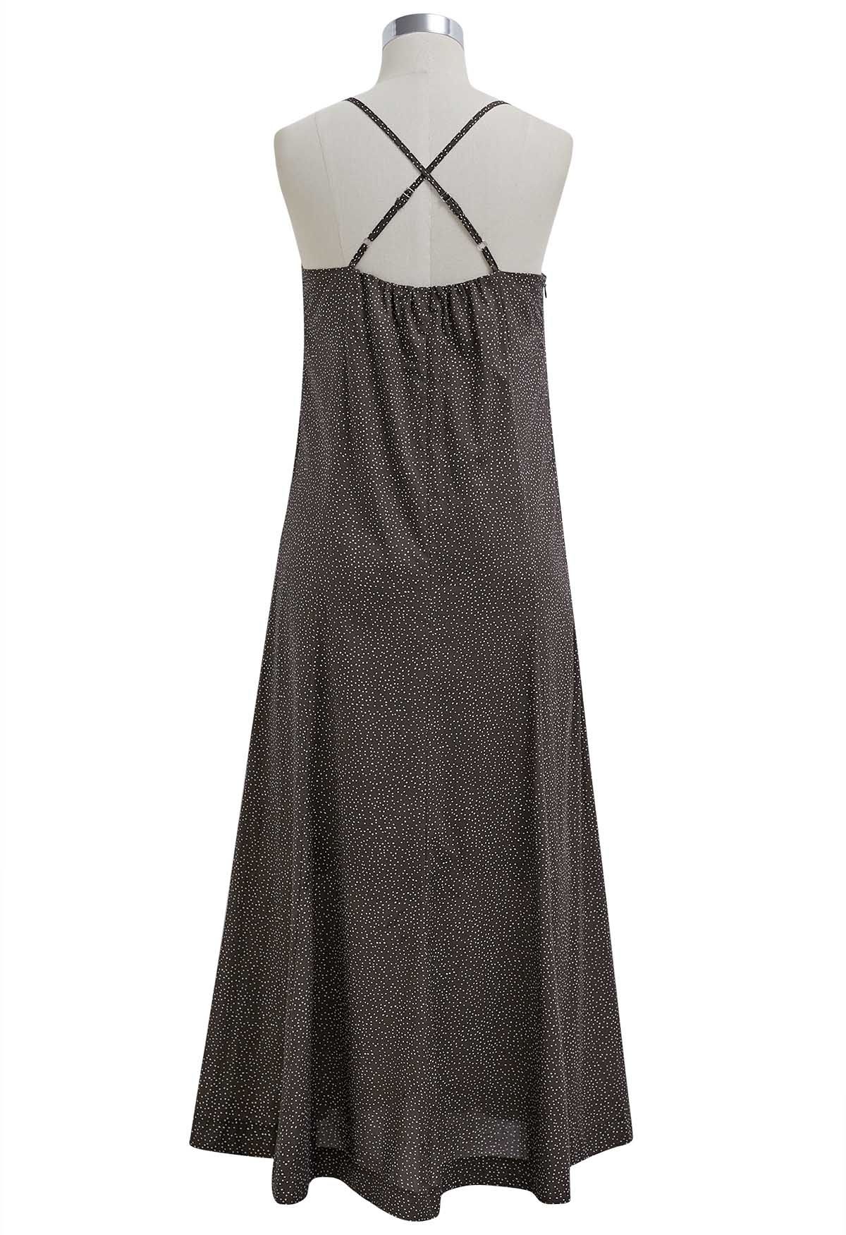 Full Polka Dots Crisscross Cami Midi Dress in Brown