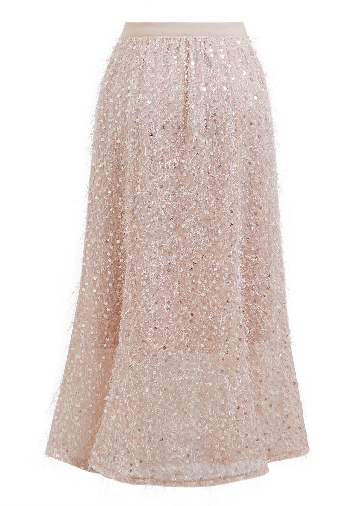 Sequin Shimmer Fringe Midi Skirt in Light Pink