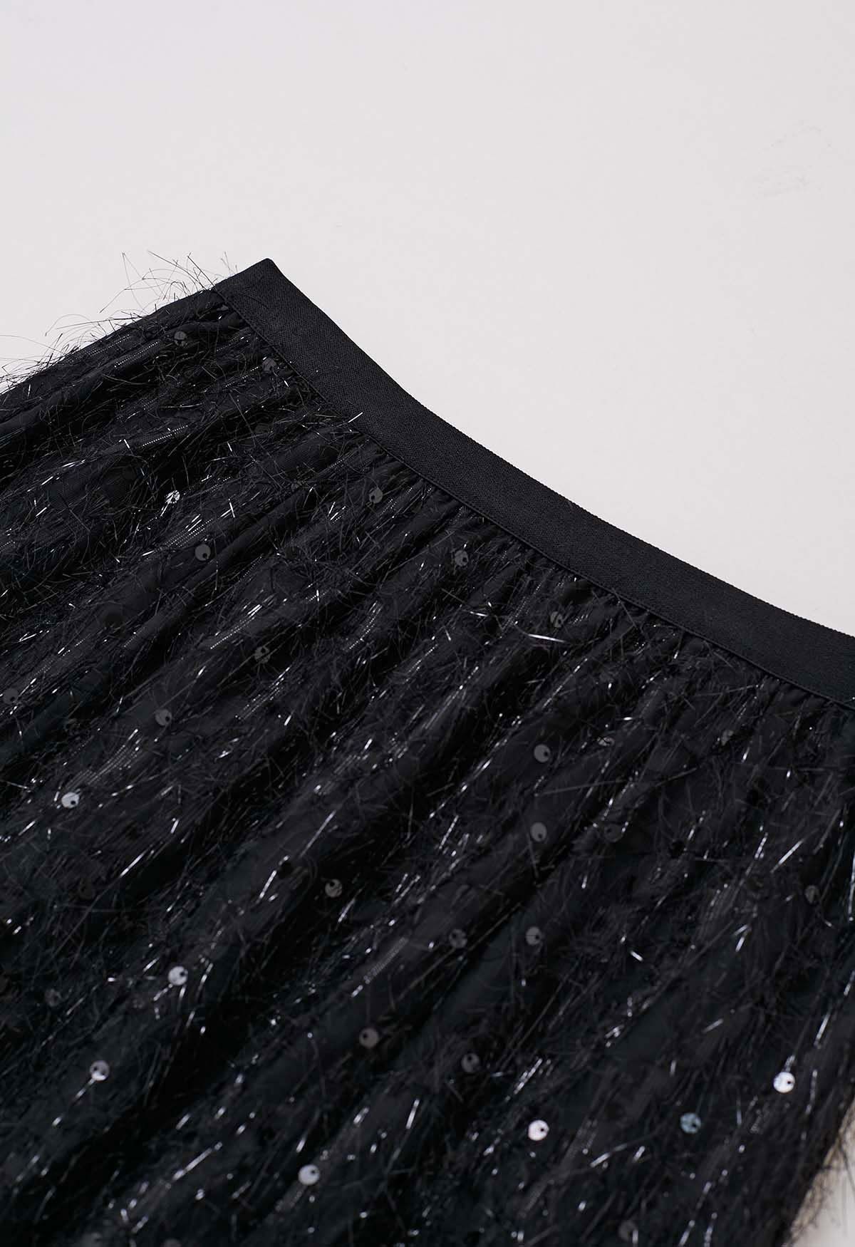 Sequin Shimmer Fringe Midi Skirt in Black