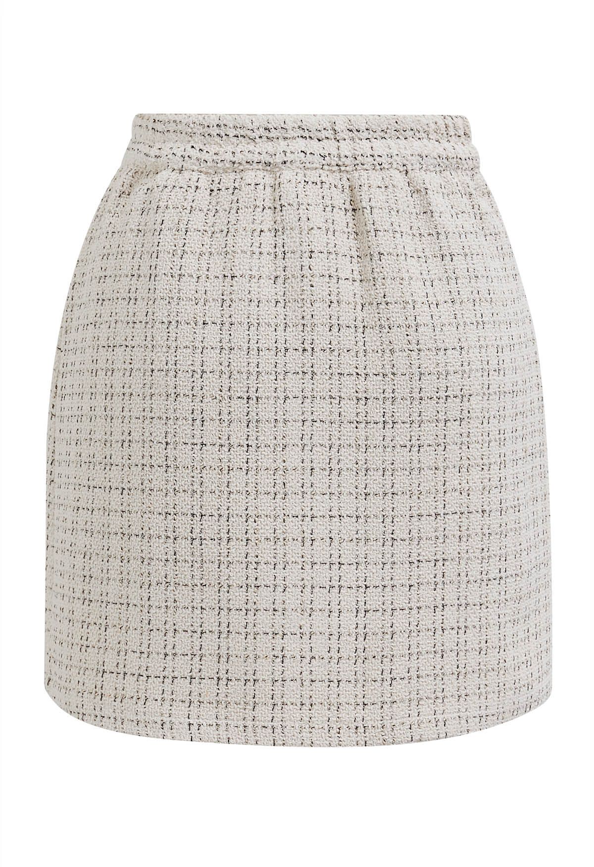 Grid Tweed Vintage Button Mini Skirt