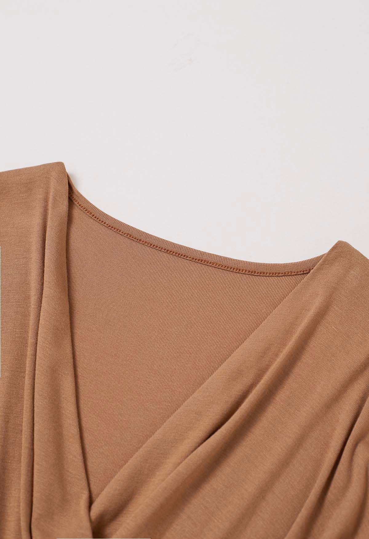 V-Neck Faux-Wrap Long Sleeve Top in Caramel