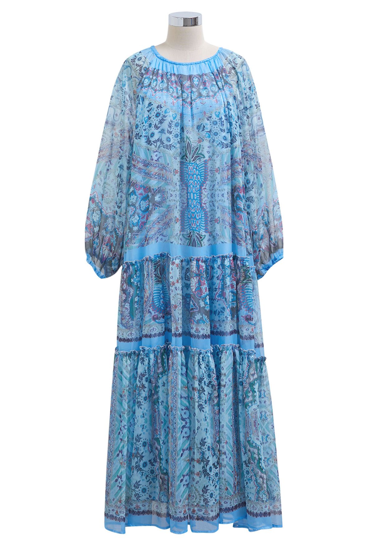 Mystic Garden Bubble Sleeve Ruffle Maxi Dress in Blue